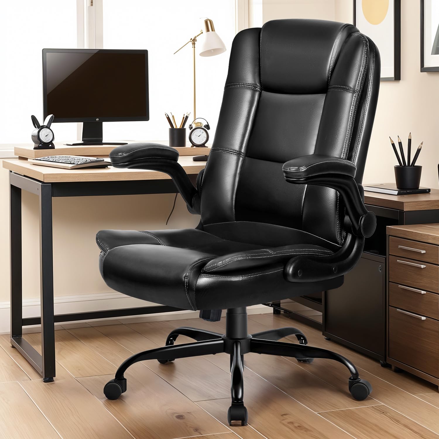 Premium Ergonomic Leather Office Chair - High Back Executive Desk Chair with Lumbar Support & Flip-Up Armrests for Home & Business Use - Black
