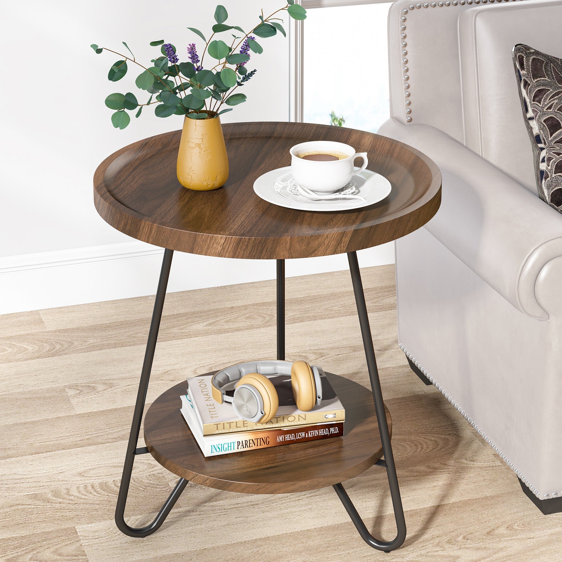 Round End Table with Metal Legs - 2 Tier Side Table for Living Room, Bedroom & Office - Modern Accent Table for Small Spaces & Home Decor