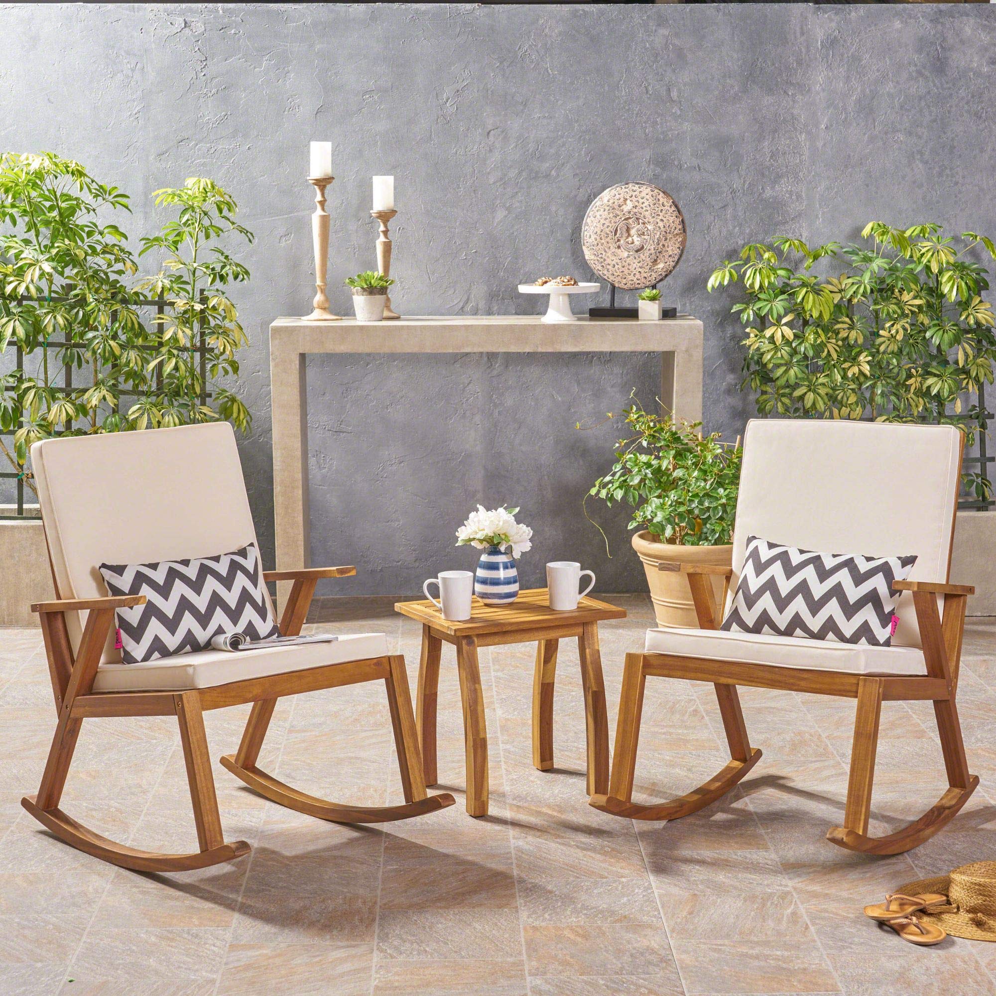 A Serene Afternoon with the 3-Piece Brown and Beige Contemporary Outdoor Rocking Chair Set