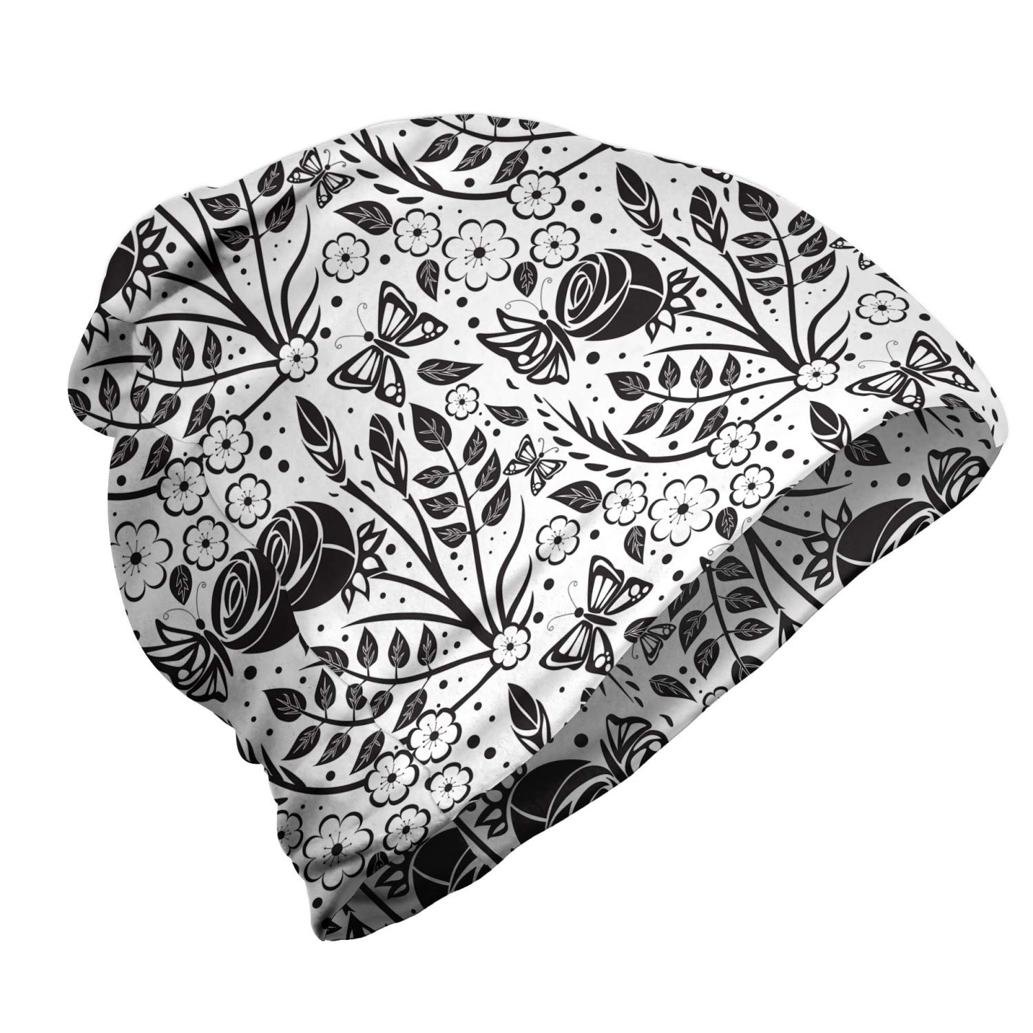 Ambesonne Unisex Beanie Hat - Monochromatic Butterfly Rose Design - Soft Winter Knit Beanie for Men & Women - Perfect for Hiking, Outdoor Activities & Cold Weather Fashion