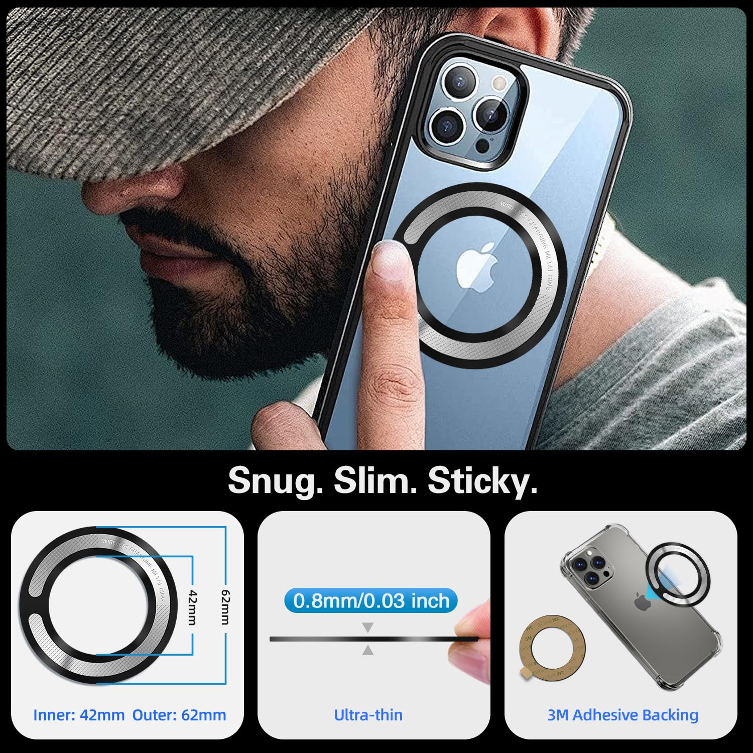 4PCS Magnetic Adapter Ring for MagSafe - 3M Adhesive Sticker & Black Metal Loop - Compatible with Wireless Charger, Phone Wallet, Car Mount, Power Bank & All Phones - Perfect for Home, Office & Travel Use
