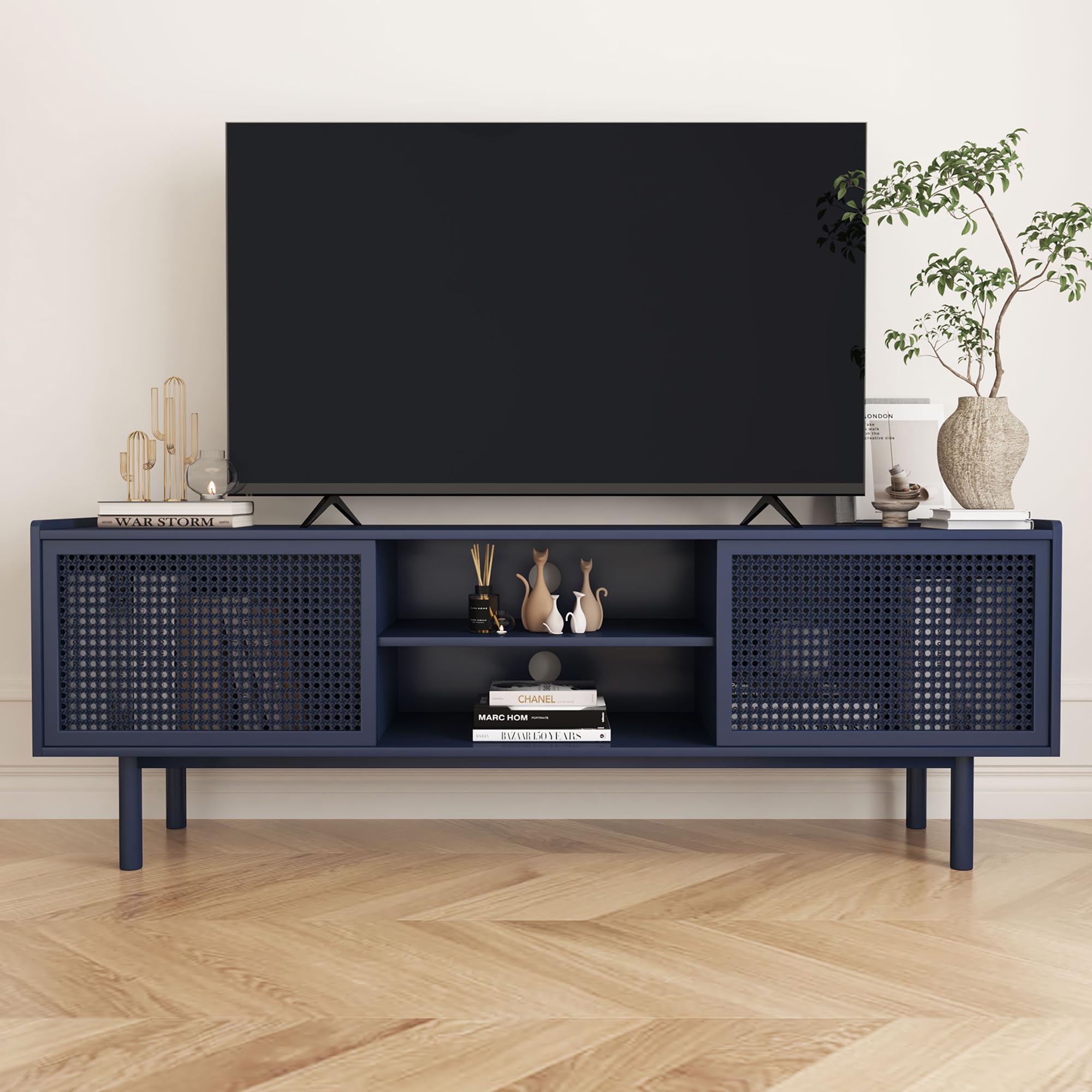 ORRD 70 Inch TV Stand with Sliding Barn Door & Adjustable Shelves - Rustic Iron Rattan Entertainment Center for Living Room - Perfect for Home Theater, Gaming Setup & Living Room Storage