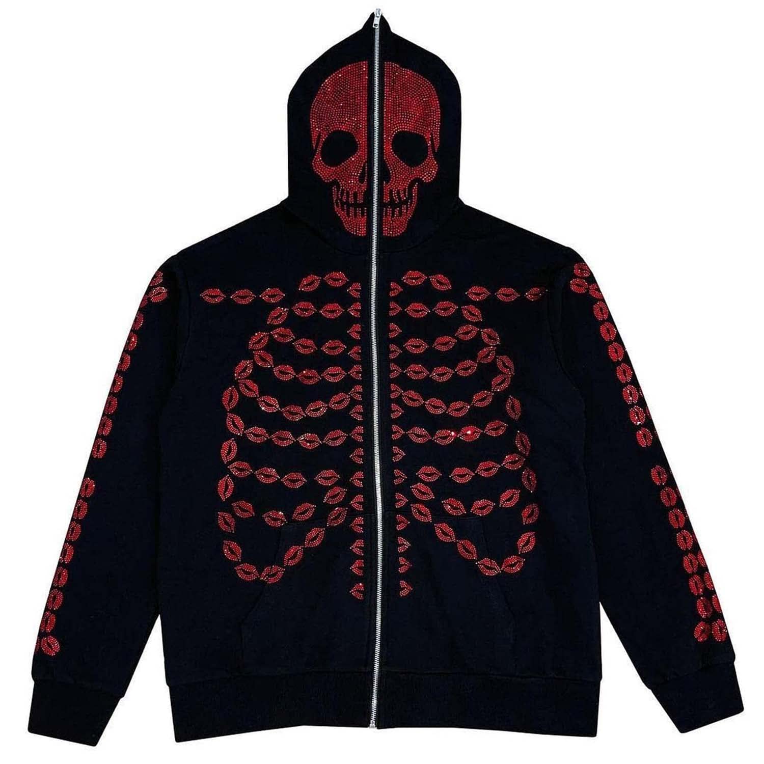 Y2K Rhinestone Skeleton Skull Spider Hoodie - Vintage Full Zip Up Gothic Jacket, Oversized Emo Grunge Sweatshirt for Halloween, Alternative Fashion & Streetwear