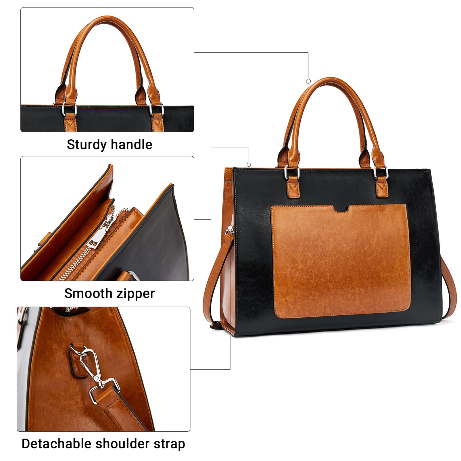 Telena 15.6 Inch Leather Laptop Tote Bag for Women - Stylish Shoulder Briefcase with Large Capacity - Perfect for Work, Business Meetings & Travel