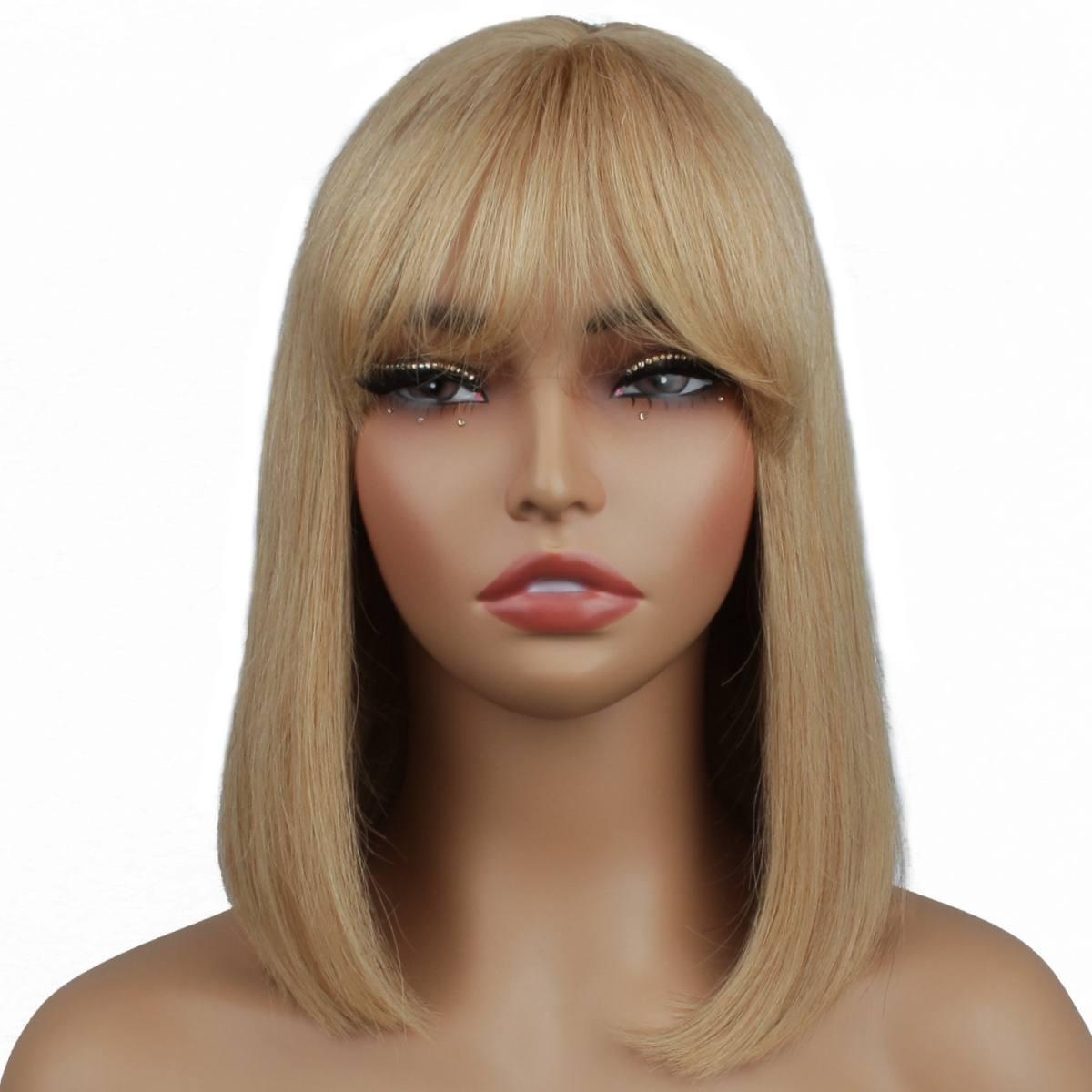 Honey Blonde Straight 100% Human Hair Capless Bang Bob Wig - Natural Look for Daily Wear & Cosplay