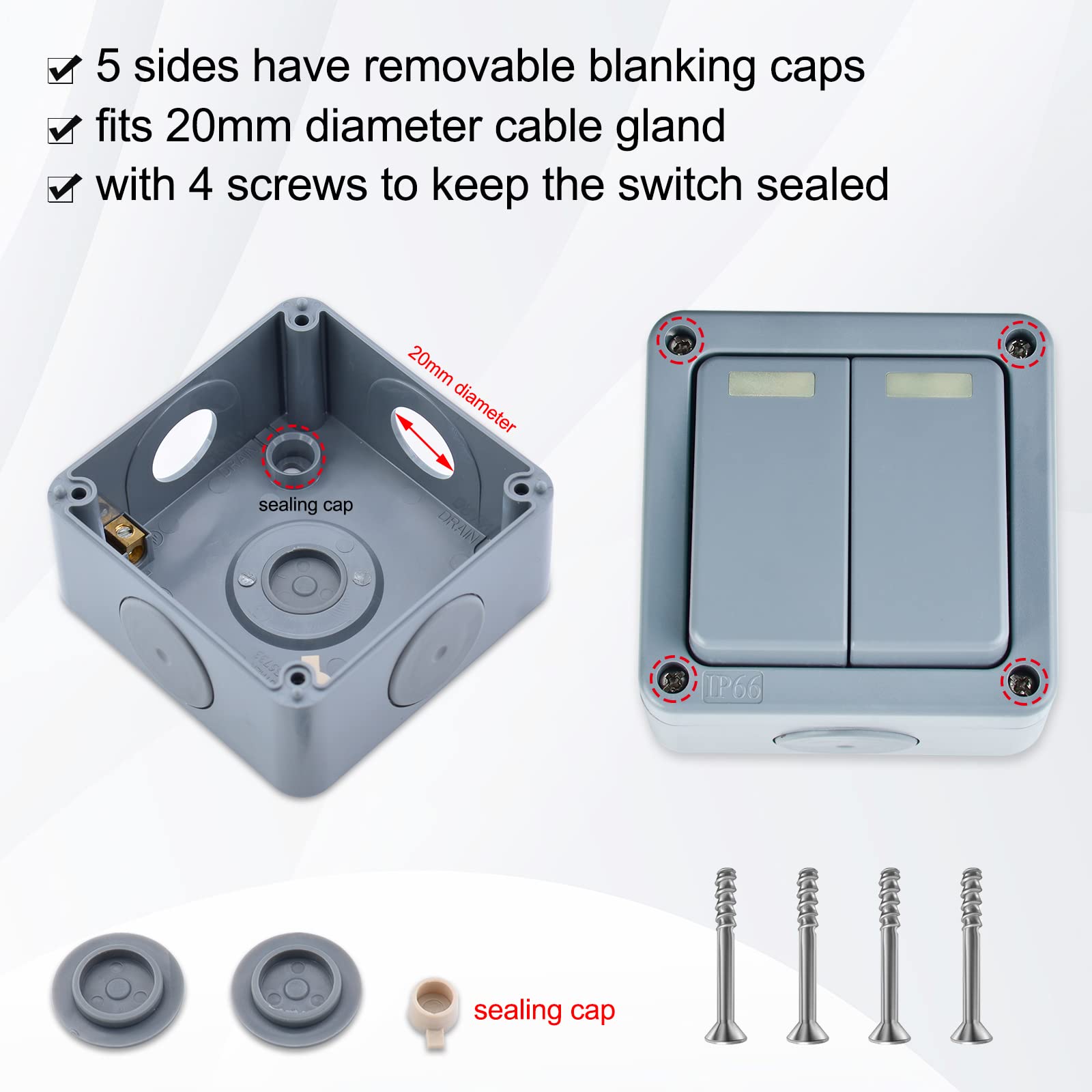 Waterproof Outdoor Light Switch - IP66 Rated 2 Gang 2 Way Dual SPDT Electrical Switch (82x82x51mm) - 10A 110-250V for Garden, Pool & Patio - Weatherproof Electrical Control for Outdoor Lighting, Water Features & Landscape Areas