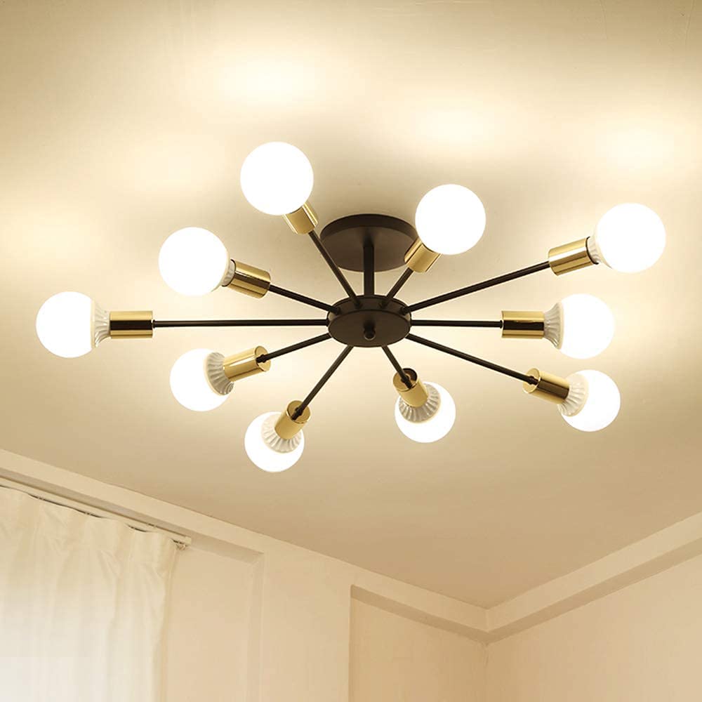 Vintage Industrial Semi-Flush Mount Ceiling Light - Mid Century Modern Black & Gold 10-Light Sputnik Chandelier for Farmhouse, Dining Room & Bedroom Lighting