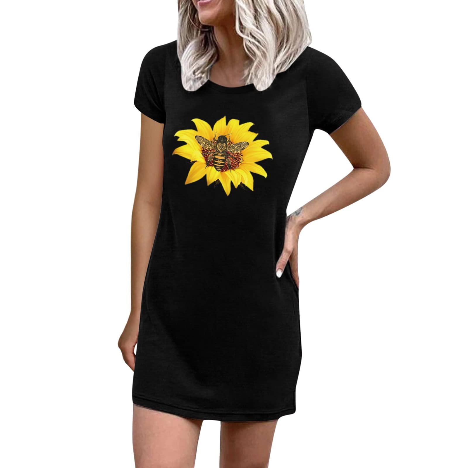 Women's Hawaiian Sunflower Printed Crew Neck T-Shirt Dress - Short Sleeve Loose Swing Summer Dress for Beach Vacation, Casual Outing & Tropical Party Wear