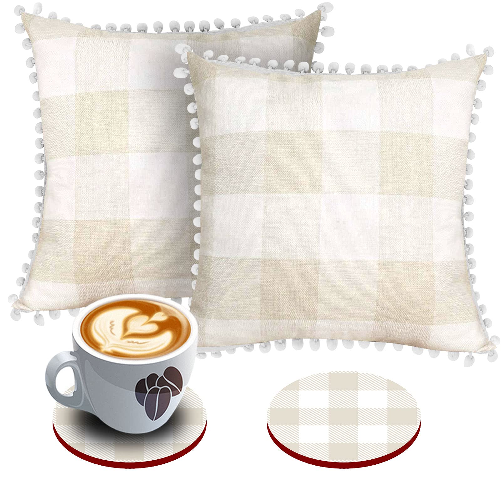 Buffalo Check Throw Pillow Covers Set of 2 - 18x18 Inch Cream & White Square Decorative Cushion Cases with Pom Poms - Soft Polyester Fabric for Sofa, Couch, Bed - Perfect for Fall Home Decor & Cozy Living Room Accents (Includes 2 Bonus Coasters)