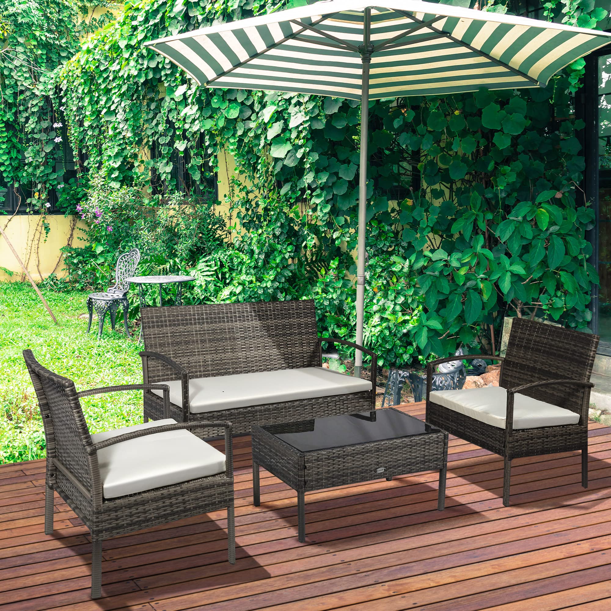 Outsunny 4-Piece PE Wicker Patio Furniture Set - Indoor/Outdoor Conversation Set with Chairs, Loveseat Sofa, Cushions & Glass Table - Light Gray - Perfect for Backyard, Sunroom, Poolside & Garden Relaxation