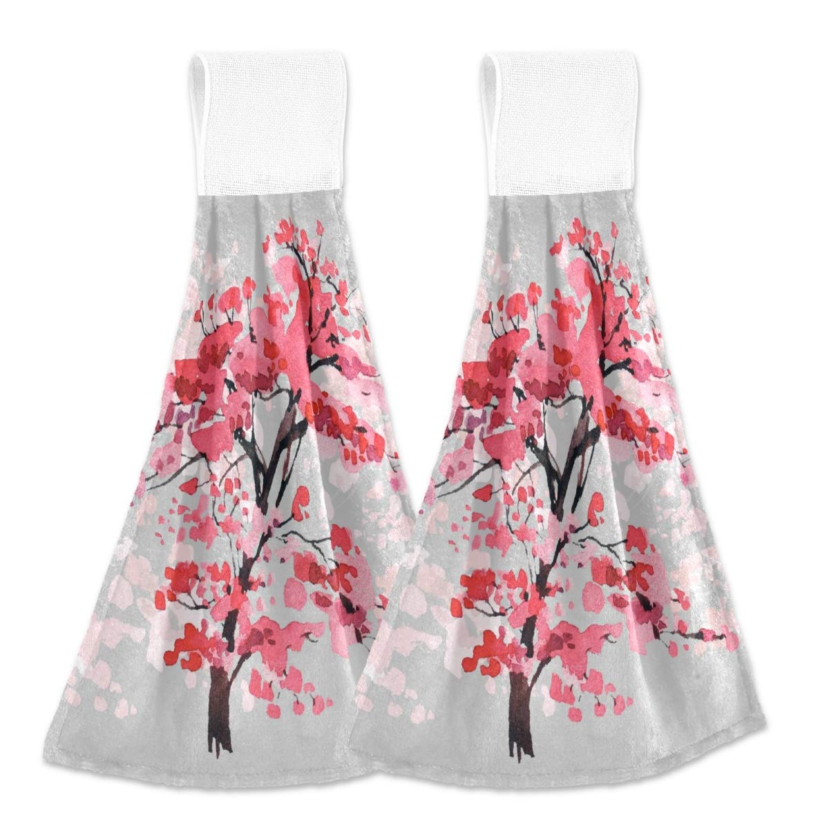 DOMIKING 2-Pack Hanging Kitchen Towels - Soft Coral Velvet Super Absorbent Hand Towels with Cherry Blossom Design and Loops for Drying Dishes, Cooking & Home Decor