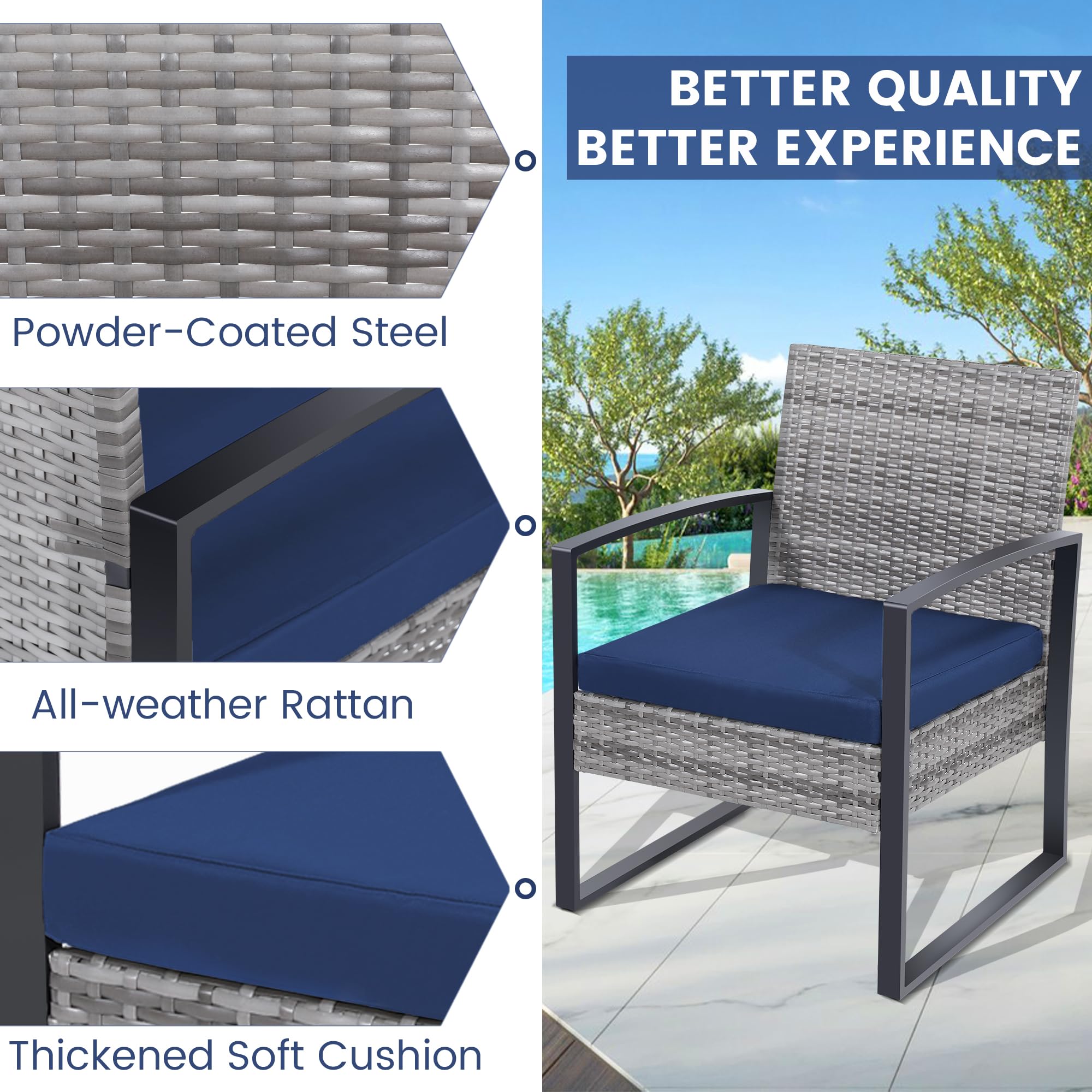 3-Piece Outdoor Wicker Bistro Set with Table & 2 Chairs - Grey Rattan Patio Furniture with Blue Cushions - Perfect for Porch, Balcony, Garden & Backyard Relaxation