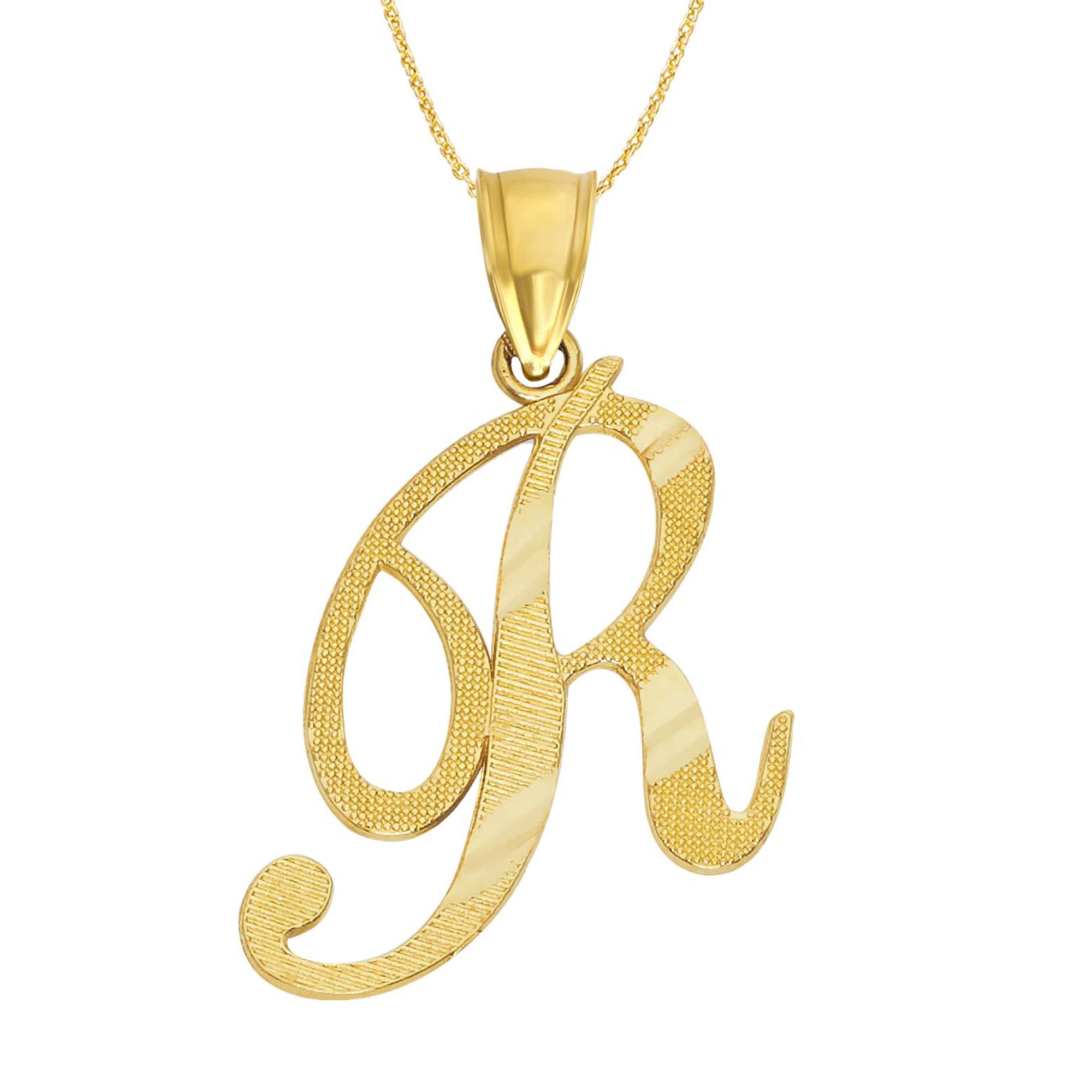 10K Solid Gold Cursive Initial Necklace - Personalized Letter Pendant Custom Jewelry for Women with Dainty Rolo Chain (R, 20
