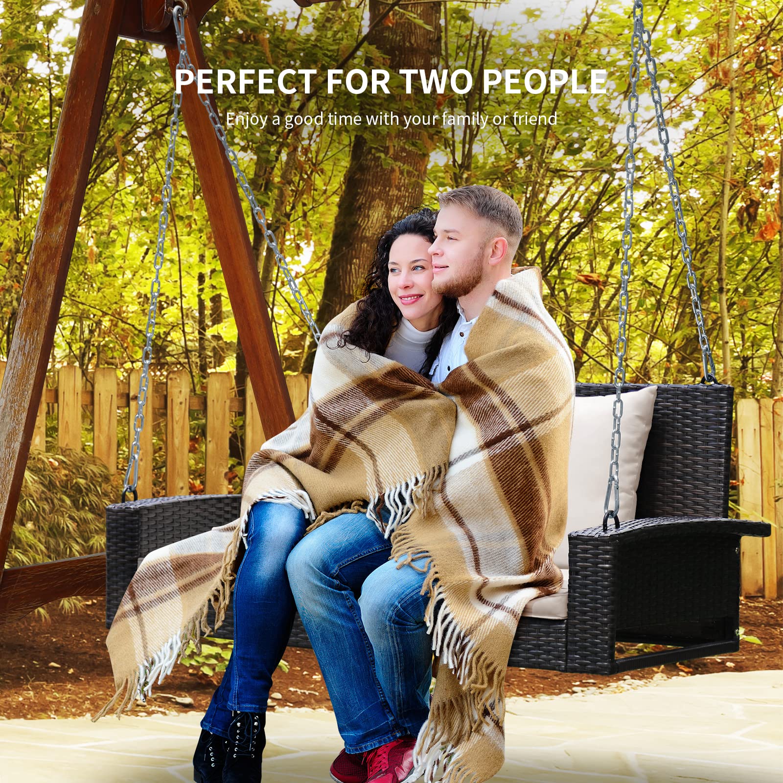 RELAX4LIFE 2-Person Outdoor Porch Swing - Rattan Wicker Hanging Chair with 7.9ft Steel Chains & Cushions - Beige Patio Swing for Front Porch, Garden, Backyard, Deck - Perfect for Relaxing, Reading & Enjoying Nature