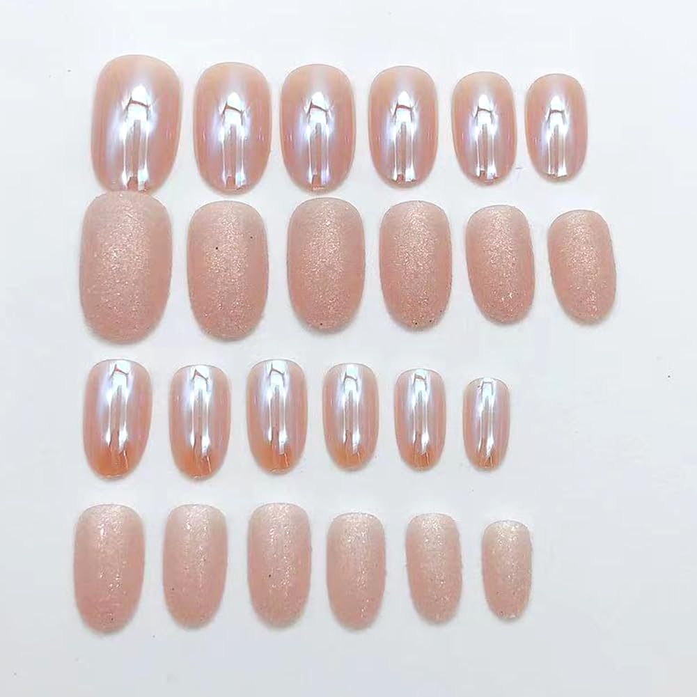24Pcs Short Round Almond Press on Nails - Chrome Gloss Fake Nails with Glitter Powder Designs, Acrylic Artificial Stick on Nails for Women | Perfect for Parties, Weddings & Everyday Wear