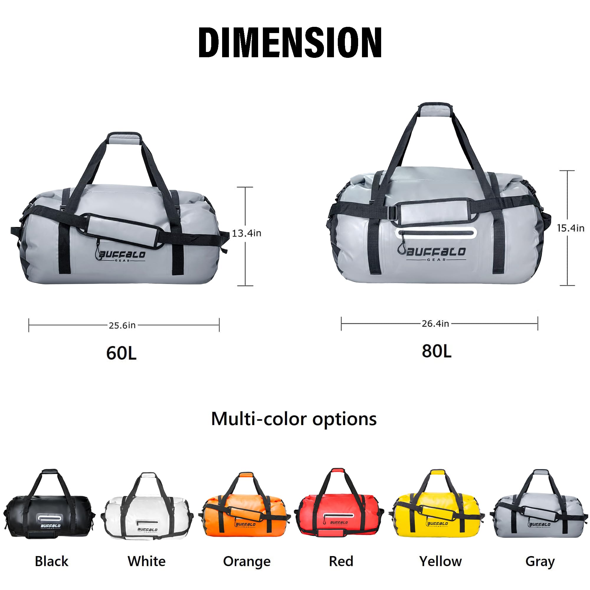 Buffalo Gear Waterproof Duffle Bag 40L 60L 80L - Heavy Duty Roll-top Dry Bag for Travel, Kayaking, Rafting, Boating, Fishing & Camping - Ideal for Outdoor Adventures and Water Sports