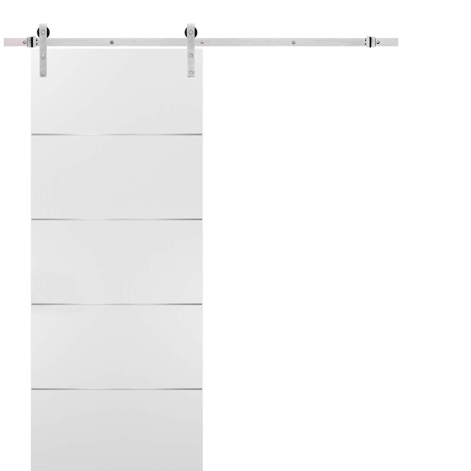 SARTODOORS 32x96 Barn Sliding White Door with Stainless Steel Hardware - Planum 0020 Matte White Finish - 6.6 ft Rail & Silver Hangers Set - Modern Solid Core Closet Door for Bedroom, Living Room, or Office Space