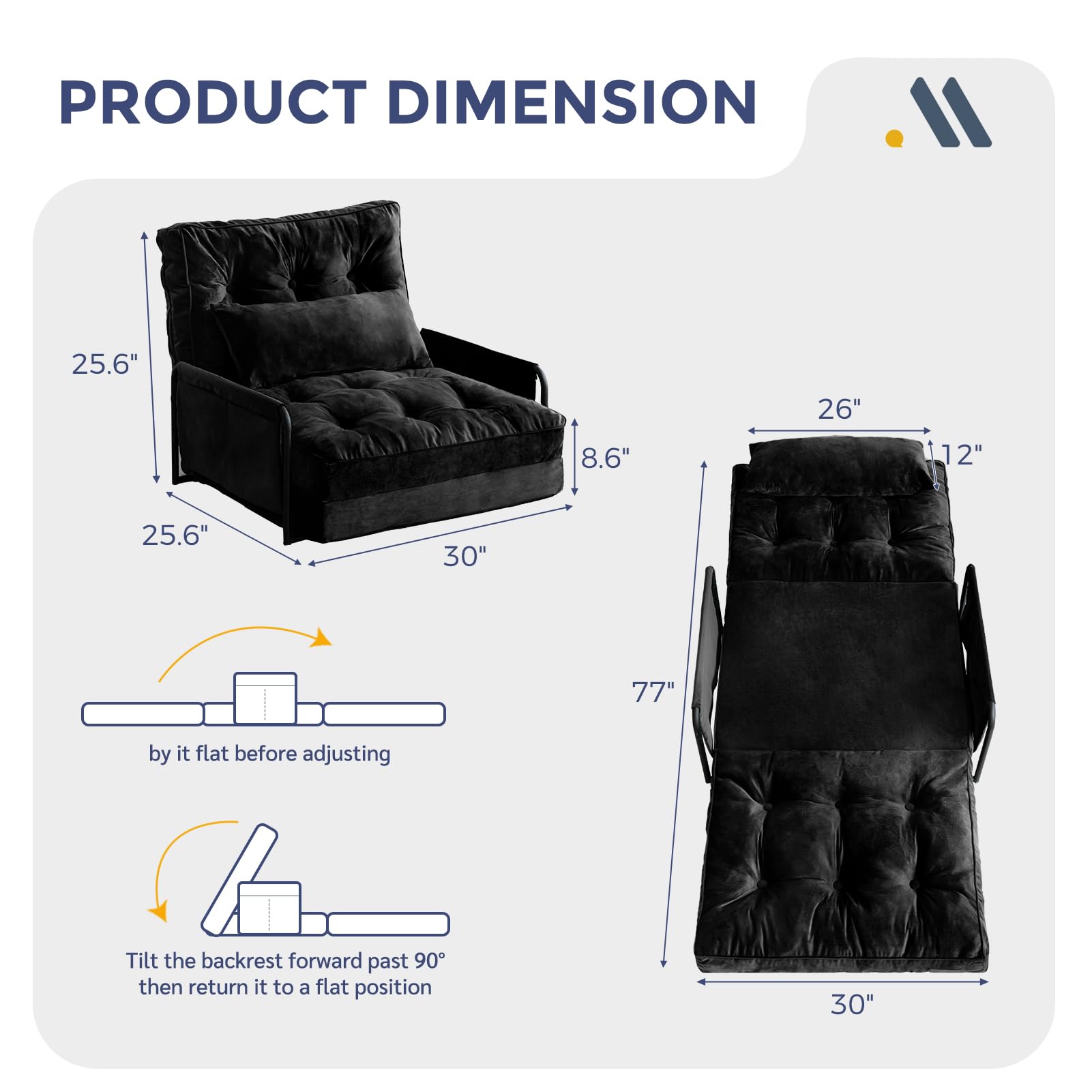 MAXYOYO Adjustable Floor Sofa Bed - Velvet Convertible Lazy Couch with Pillow & Armrests, Single Sleeper Sofa for Small Spaces (Black) | Perfect for Living Rooms, Dorms, Apartments & Guest Beds