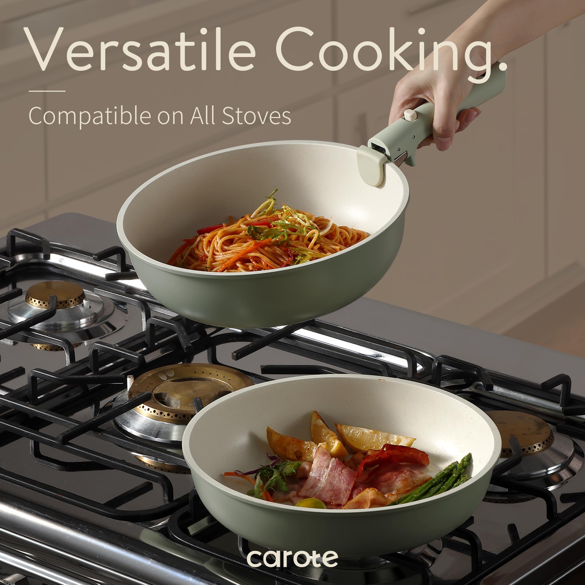 CAROTE 23-Piece Nonstick Cookware Set - Oven/Dishwasher/Induction Safe Pots and Pans with Detachable Handle - Space Saving Kitchen Set for RV, Apartment & Home Cooking (Green)