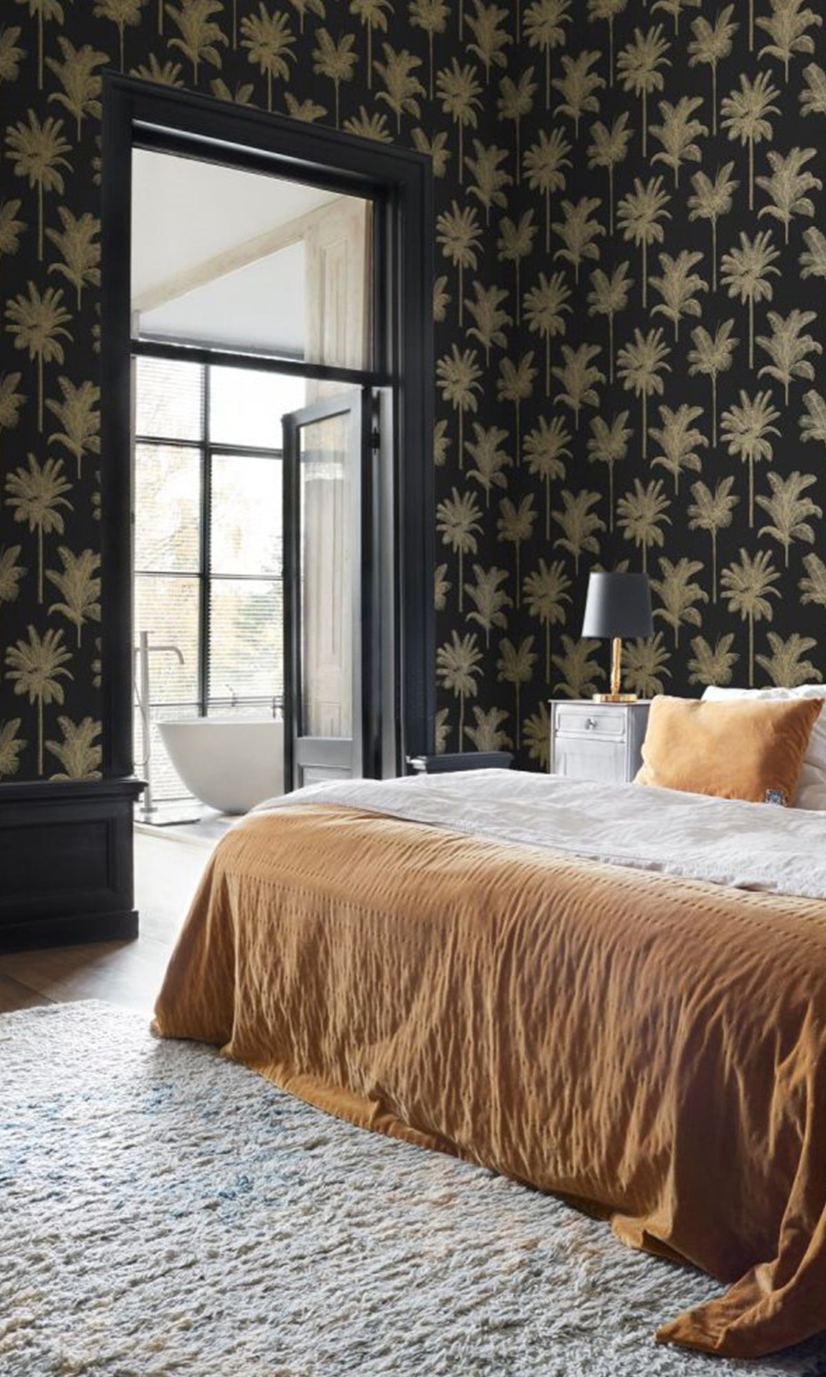 Black and Gold Palm Trees Wallpaper R9385 - Tropical Peel and Stick Wall Mural for Bedroom, Living Room, or Office Decor