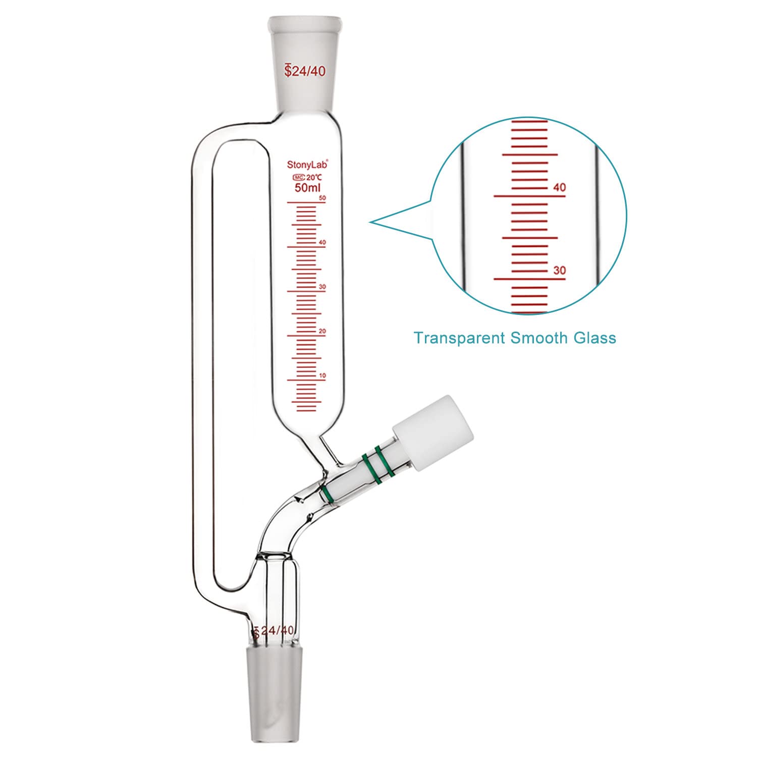 Stonylab 50ml Borosilicate Glass Graduated Pressure Equalizing Addition Funnel with 24/40 Joint & Vacuum Valve - Laboratory Dropping Funnel for Chemical Experiments, Distillation & Precise Liquid Transfer