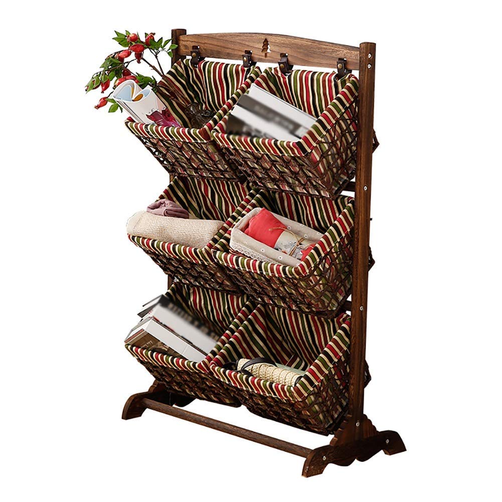 3-Tier Wooden Rattan Storage Basket Shelf - Hanging Floor Magazine Rack for Home Organization | Perfect for Living Room, Bedroom, Bathroom & Office Storage Solutions