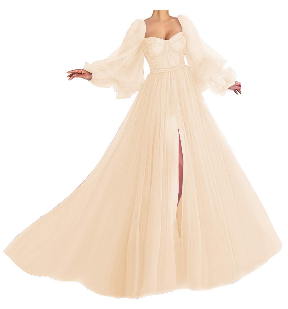 Elegant Puffy Sleeve Sweetheart Neckline Tulle Ball Gown Prom Dress - A-Line Princess Wedding Formal Evening Gown with Thigh High Split | Perfect for Homecoming, Quinceañera, Red Carpet Events & Special Occasions