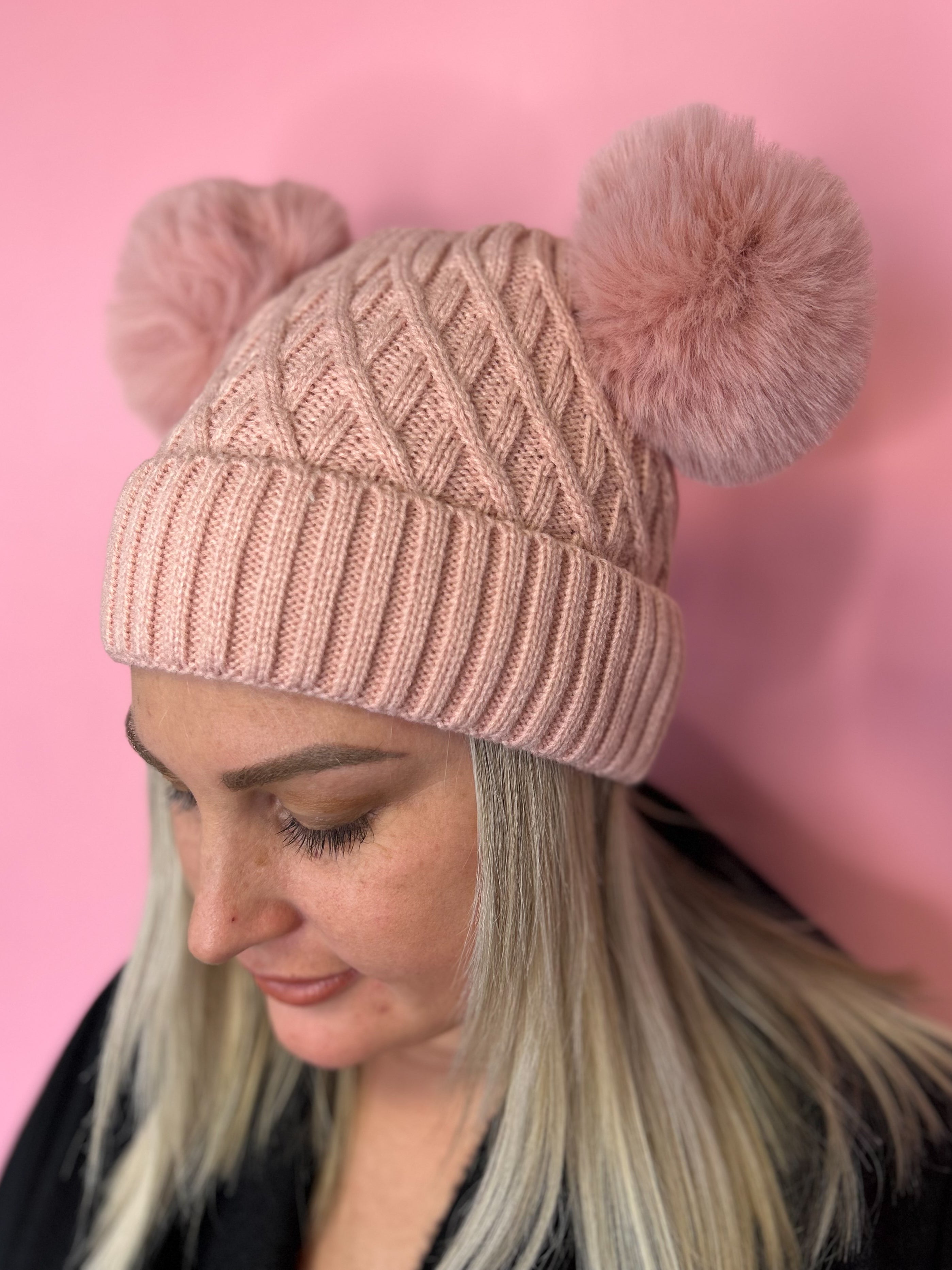 Maeve Light Pink Pom Pom Beanie - Soft Winter Knit Hat for Women - Perfect for Cold Weather & Outdoor Activities