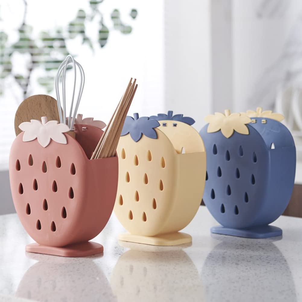 WAYUTO 2-Pack Plastic Strawberry Pen Holder & Utensil Organizer - Multi-Purpose Storage Rack for Pens, Chopsticks, Spoons, Forks - Kitchen Countertop & Study Desk Accessory (Pink/Red) - Perfect for Office, Dorm, and Home Organization
