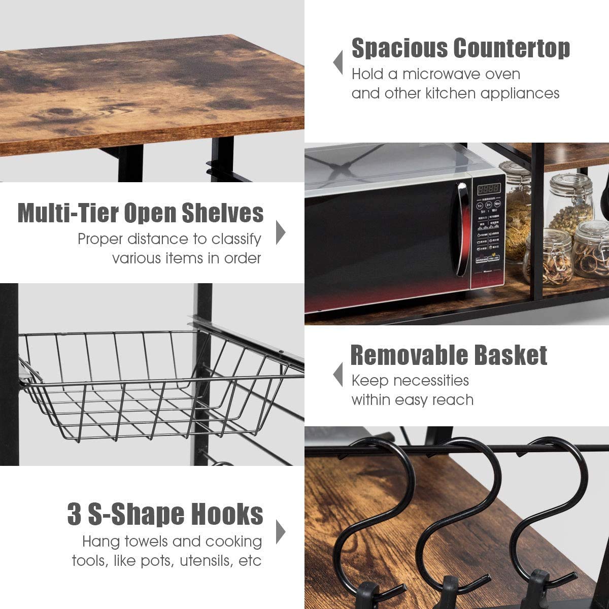 LDAILY Microwave Oven Stand with Lockable Wheels - Industrial Kitchen Baker's Rack, Utility Storage Shelf with Hooks & Basket - Sturdy Metal Frame, Easy Assembly (Brown) - Perfect for Small Kitchens, Apartments & Dorm Rooms