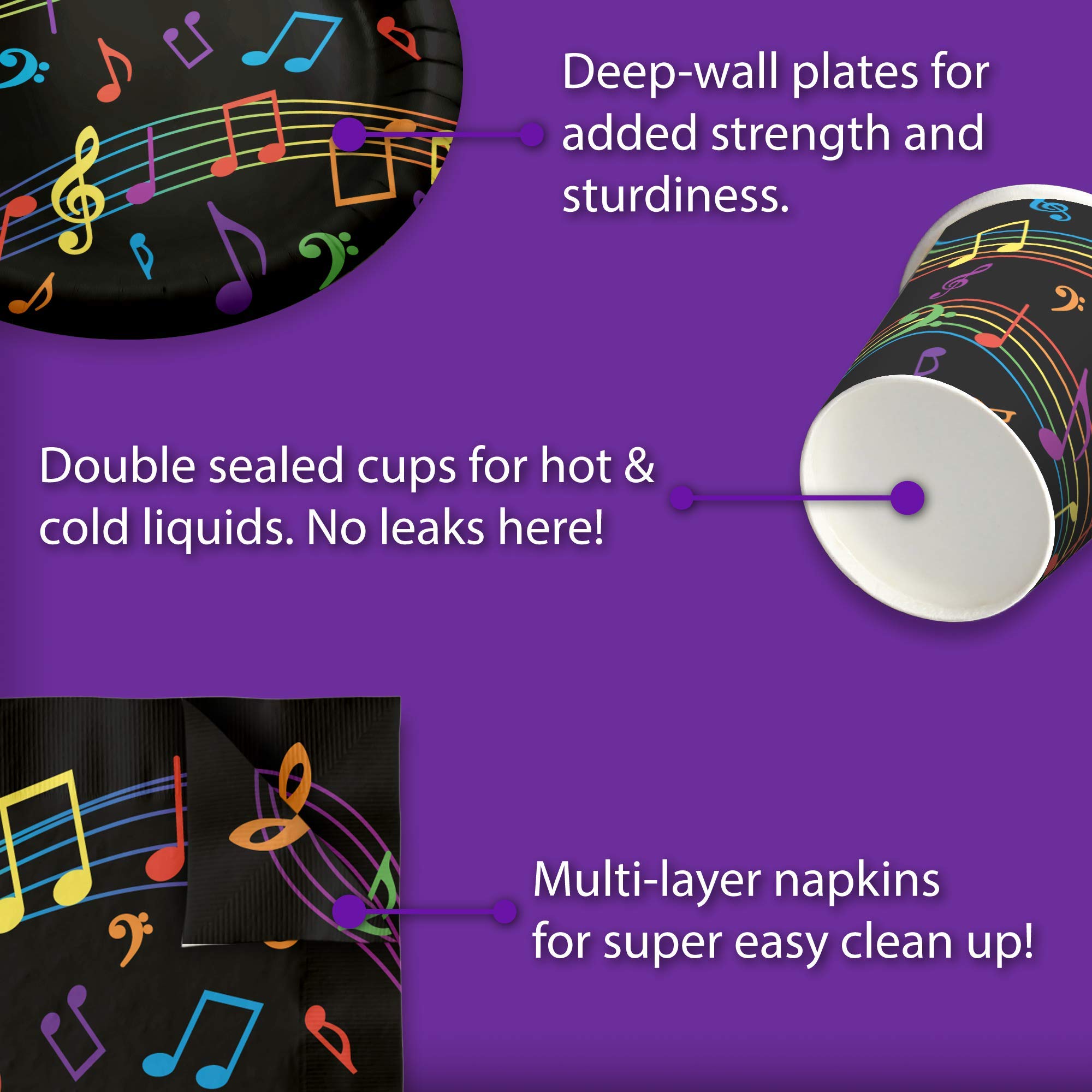 Vibrant Music Notes Themed Birthday Party Supplies Set - 16-Piece Tableware Kit with Plates, Napkins & Cups for Kids' Celebrations, Baby Showers & Themed Events