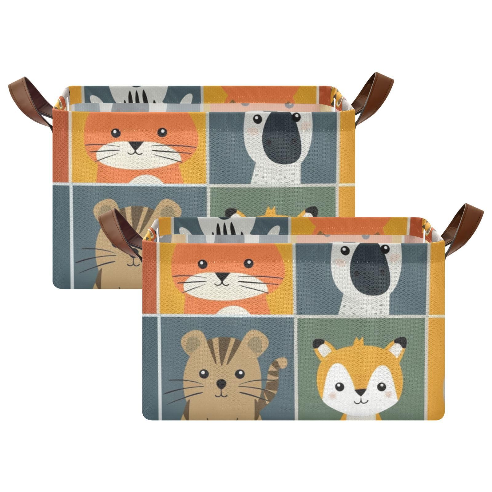 Colorful Cartoon Animal Fabric Storage Bins with Handles - 2 Pack Cute Cloth Storage Baskets for Closet, Shelf, Dresser & Nursery Organization - Durable Storage Cubes for Kids Room, Playroom & Home Decor