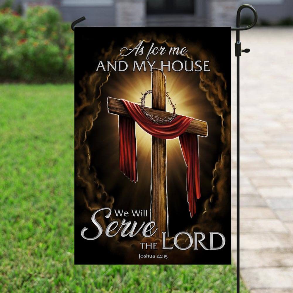 American Flag with Christian Cross - 'As For Me And My House We Will Serve The Lord' Bible Verse - 28x40 Inch Outdoor Decorative House Flag for Yard, Garden & Patio - Durable Polyester for All Weather Conditions
