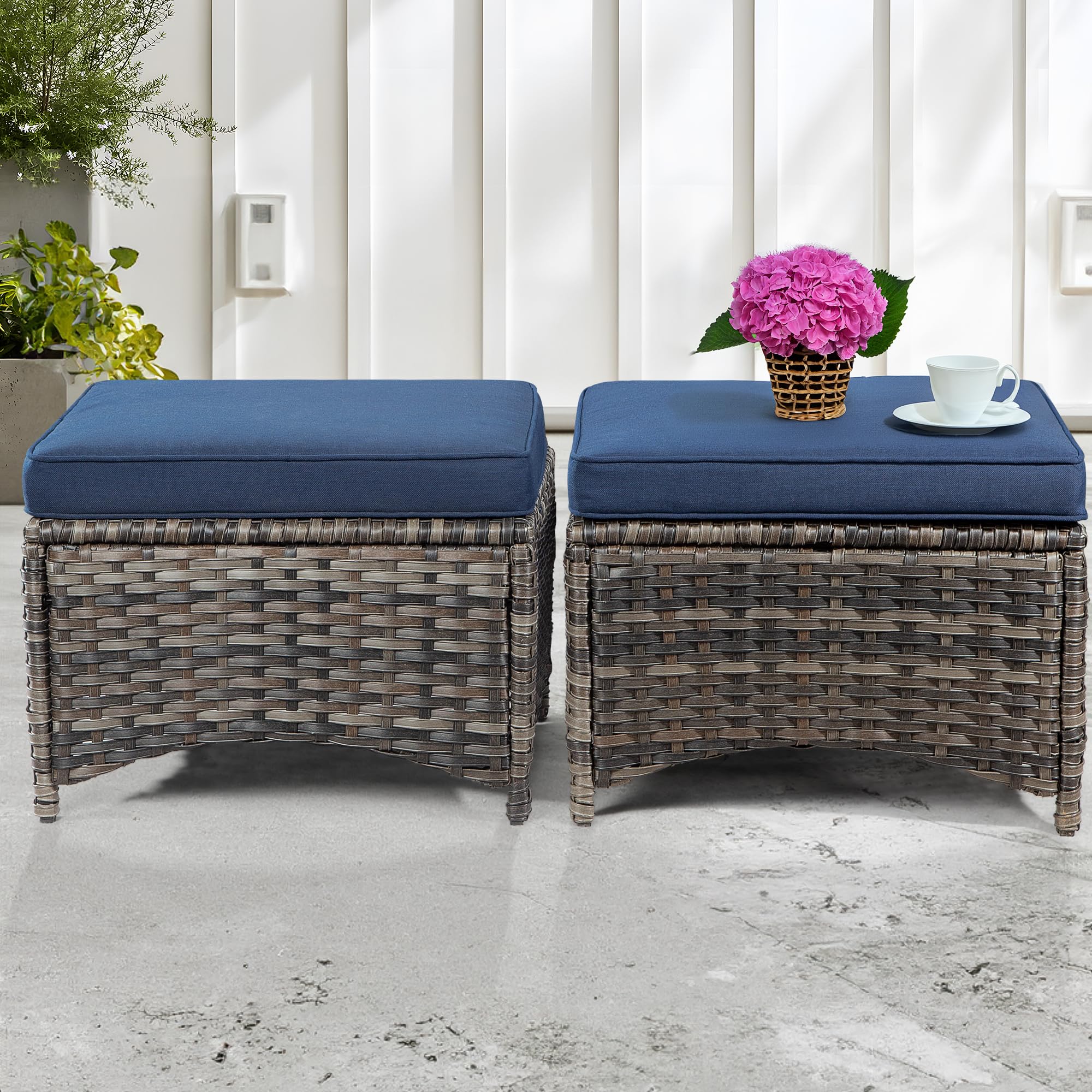 Joyside 2-Piece Outdoor Ottomans Set - PE Wicker Steel Frame Footstool with Removable Olefin Cushions - Blue Patio Furniture for Garden, Backyard, Deck & Poolside Relaxation