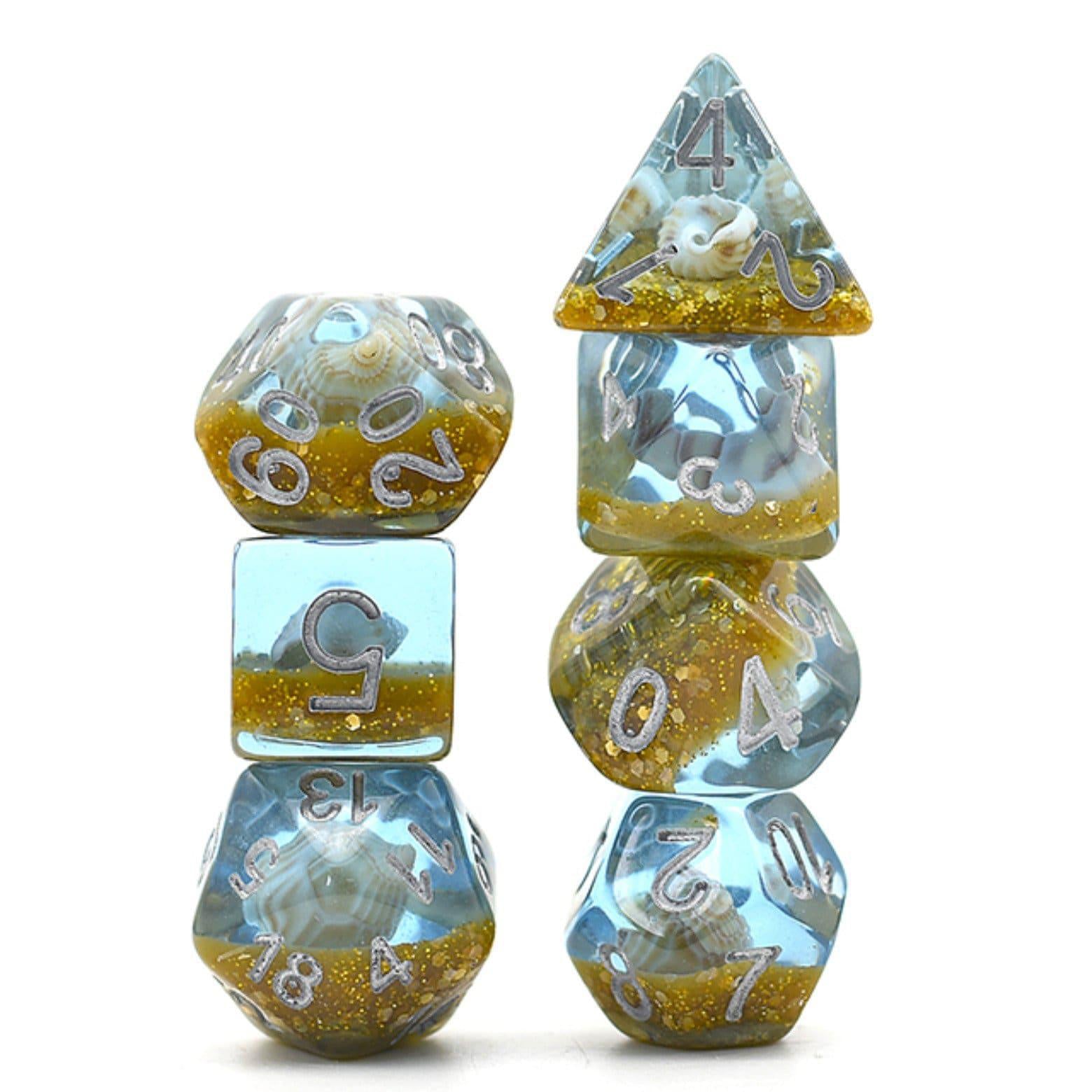 Blue and Gold Beach Conch Shell Dice Set (7-Piece RPG Dice for D&D, Pathfinder & Tabletop Games) - Perfect for Beach Themed Campaigns & Tropical Gaming Nights