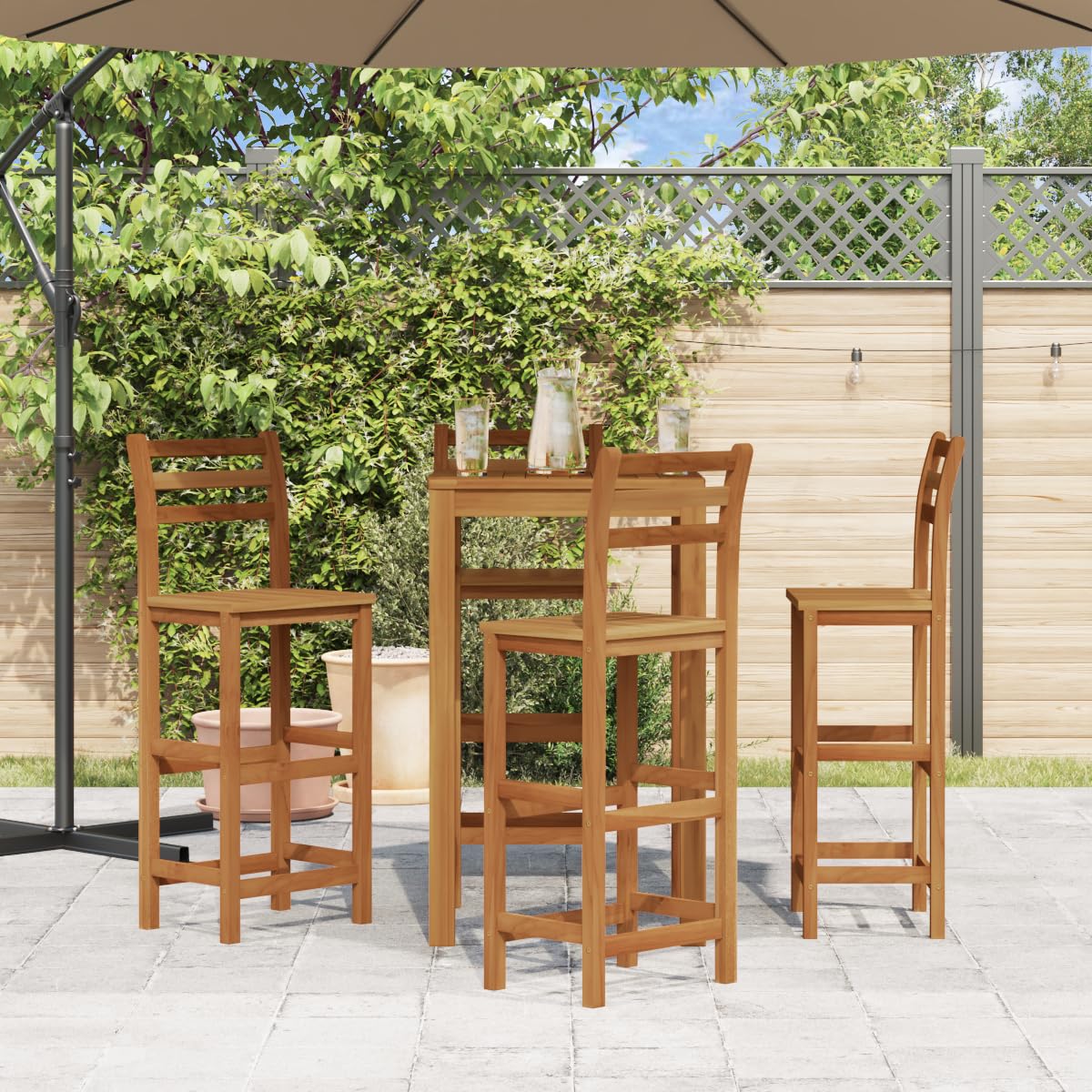 Set of 4 Solid Acacia Wood Bar Stools with Backrest & Footrest - 14.2