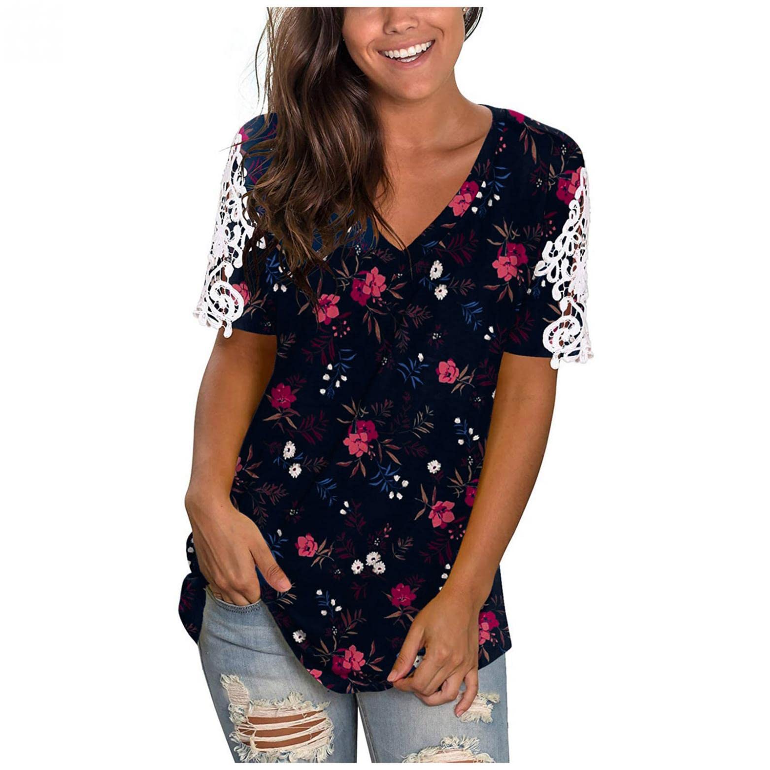 Sexy Casual Tops for Women - Trendy V-Neck Loose Fit T-Shirts with Hollow Out Lace Detail | Short Sleeve Blouses for Everyday Wear, Date Nights & Summer Outfits
