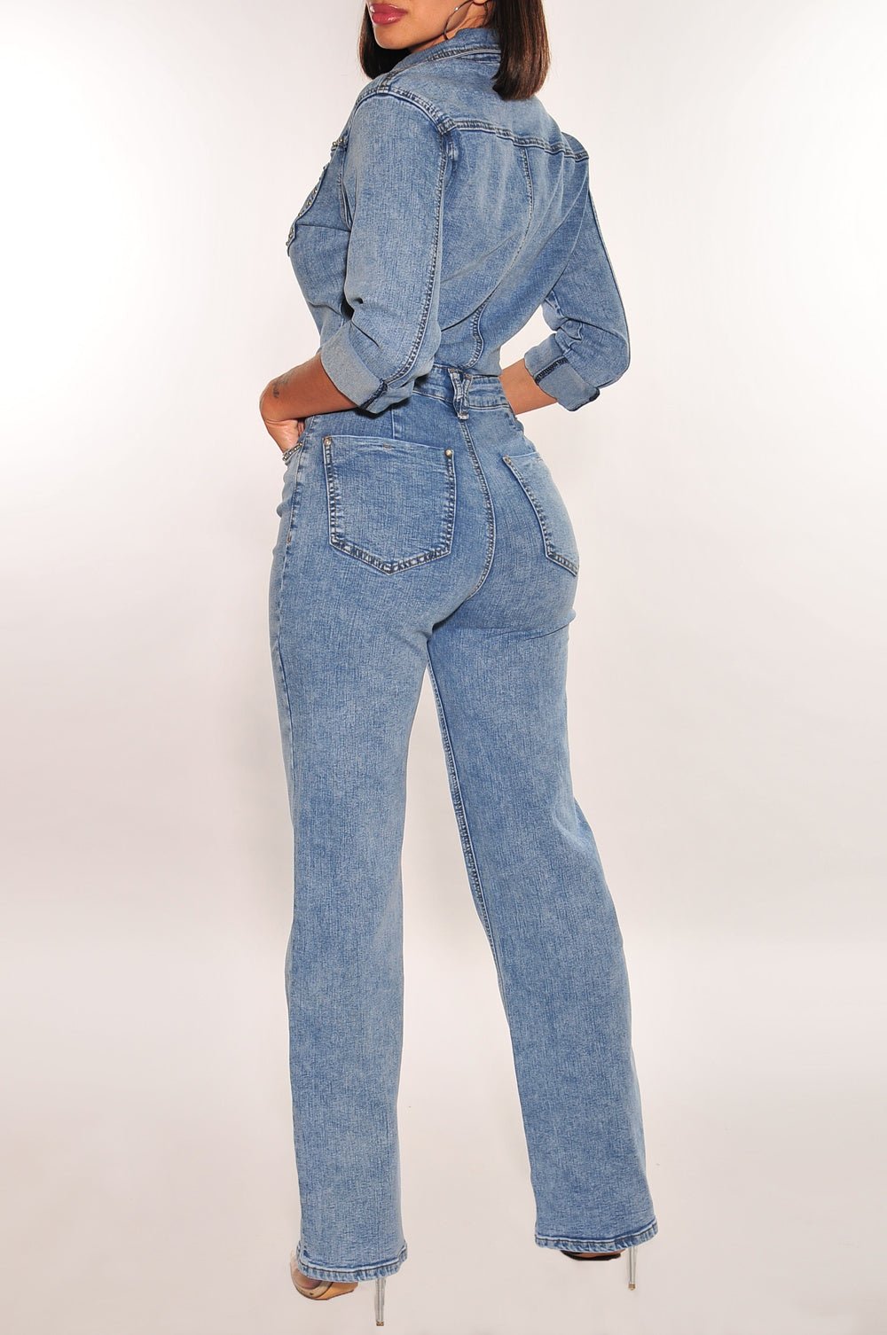 Women's Denim Long Sleeve Collared Button Up Jumpsuit - Stylish Casual Romper for Everyday Wear, Work, and Outdoor Activities