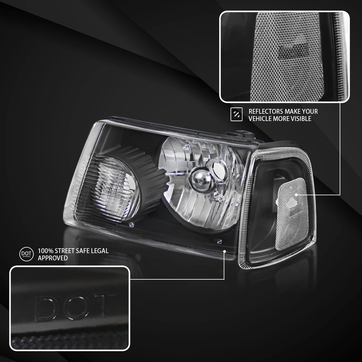 AUTOZENSATION Black Crystal Headlights & Corner Lights Turn Signal Pair Compatible with 2001-2011 Ford Ranger - Upgrade for Enhanced Night Visibility & Style