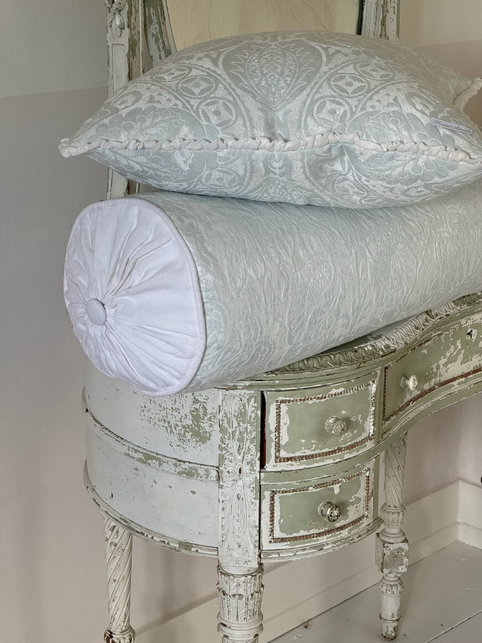 Elegant Pale Blue Damask Bolster Pillow - Luxury Home Decor for Sofa, Bed & Nursery - Perfect for Reading, Lounging & Nursery Decor