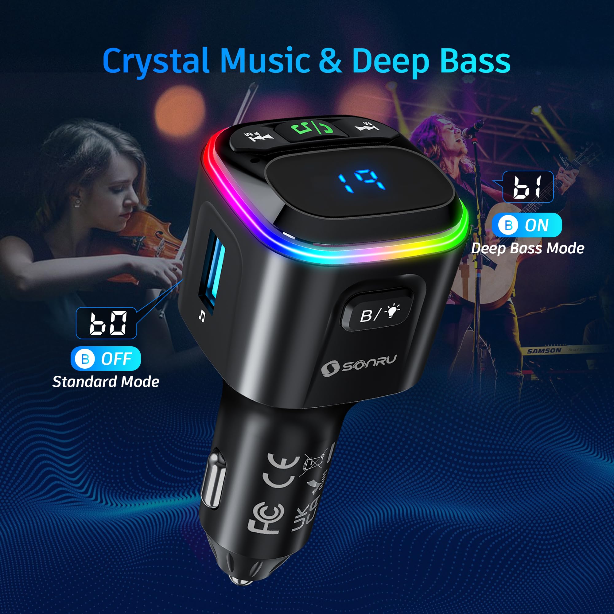 SONRU Bluetooth FM Transmitter V5.3 - Car Adapter with QC18W Fast Charger & Hi-Fi Sound for Hands-Free Driving