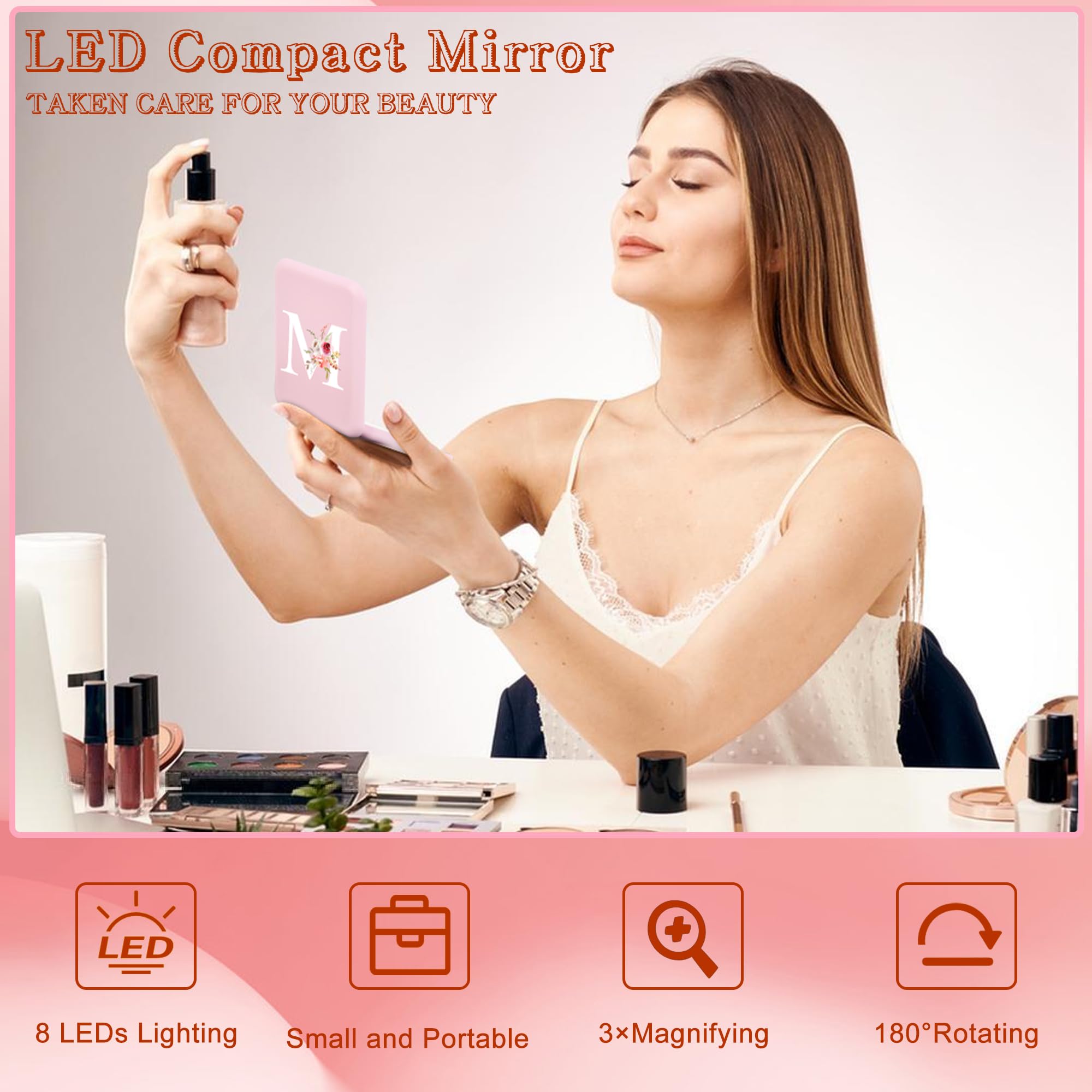 Personalized LED Compact Mirror - 1X/3X Magnifying Travel Makeup Mirror for Purse, Gifts for Women & Teens