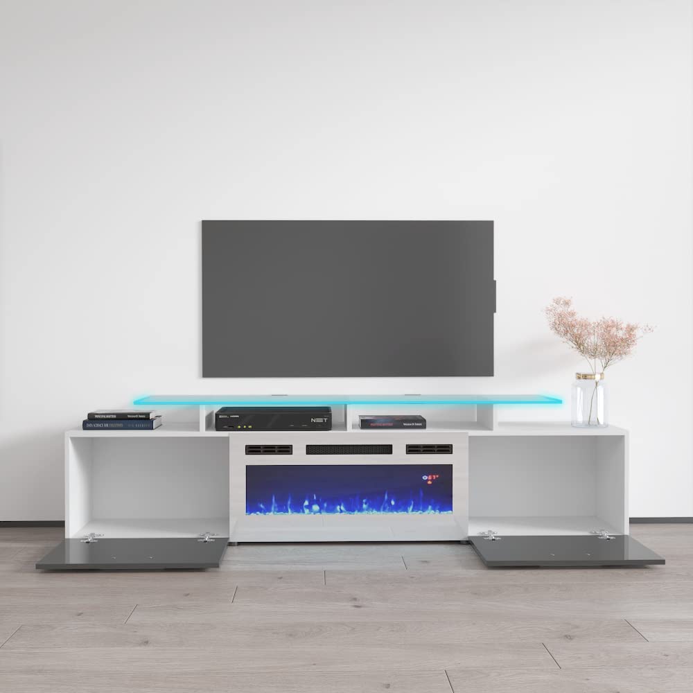 Modern High Gloss Rova WH-EF Fireplace TV Stand with Storage Cabinets & 16-Color LED Lights - White/Gray Entertainment Center for Living Room, Bedroom, Home Theater Setup