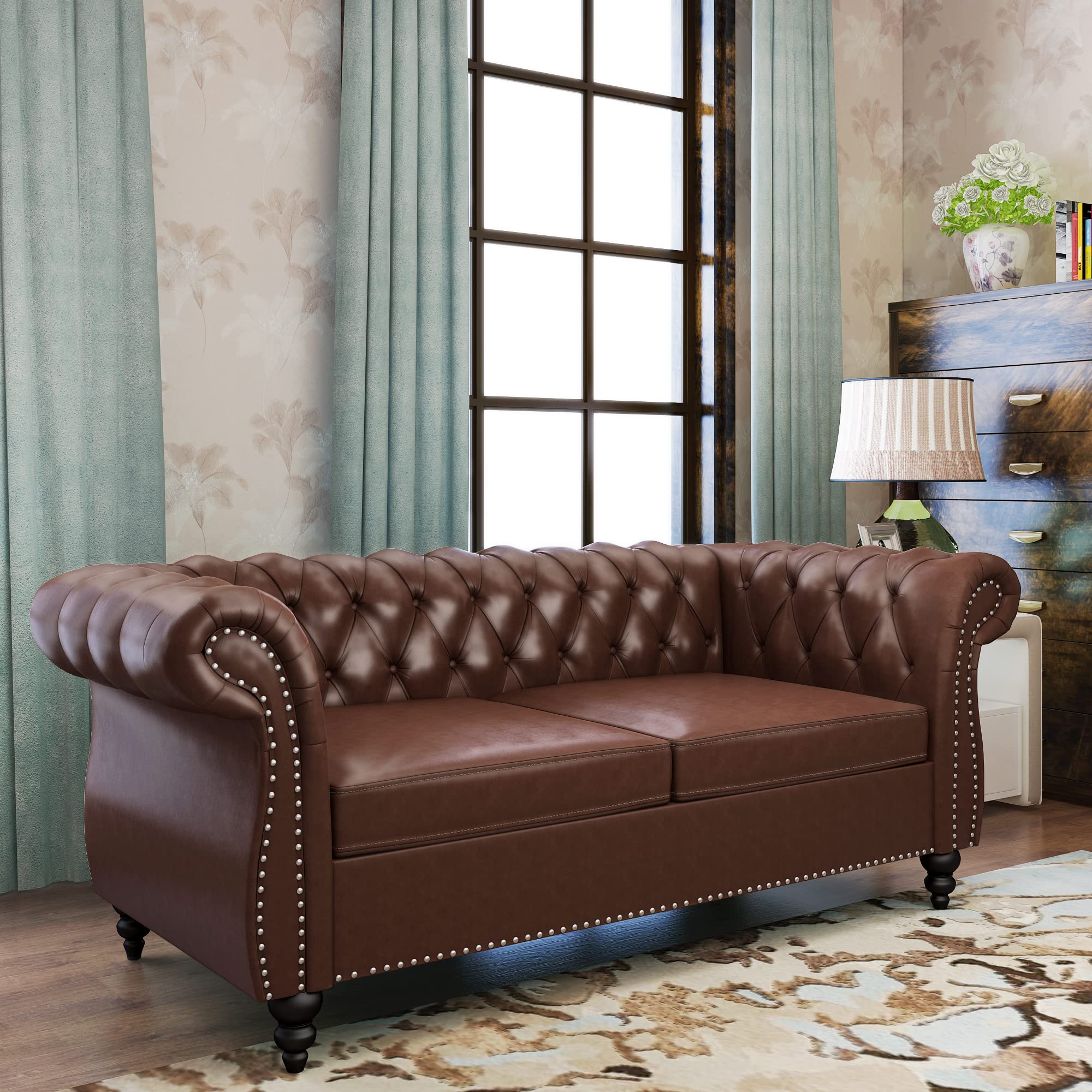 2-Piece Chesterfield Leather Sofa Loveseat Set with Scroll Arms & Nailhead Trim - Dark Brown Living Room Furniture for Home, Office & Lounge Spaces