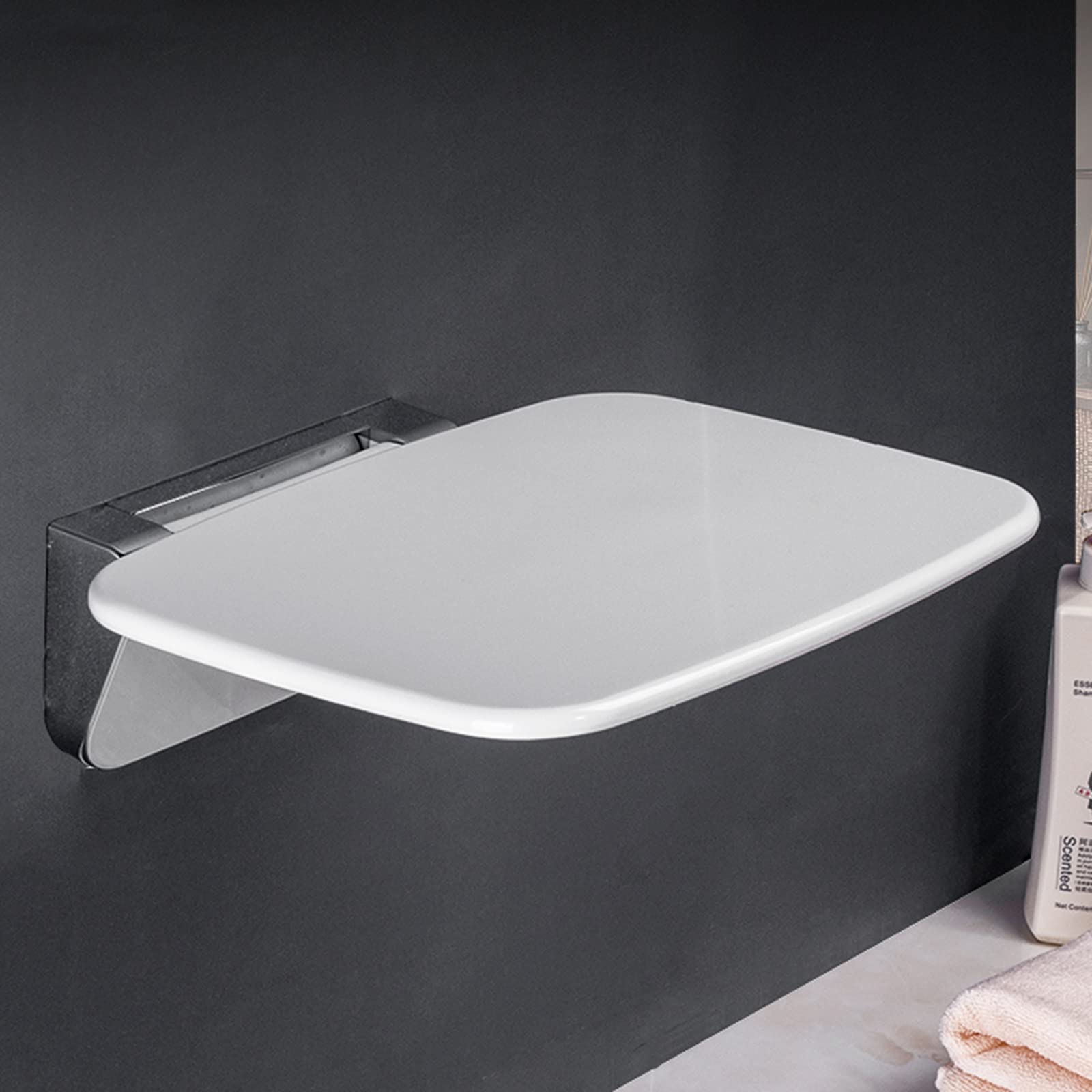 White Folding Shower Seat Wall Mounted - Heavy Duty 400lb Capacity Shower Bench for Elderly, Adults & Disabled - Space Saving Bathroom Stool for Small Showers, Toilets & Entryways - Ideal for Assisted Living, Home Care & Accessible Bathing