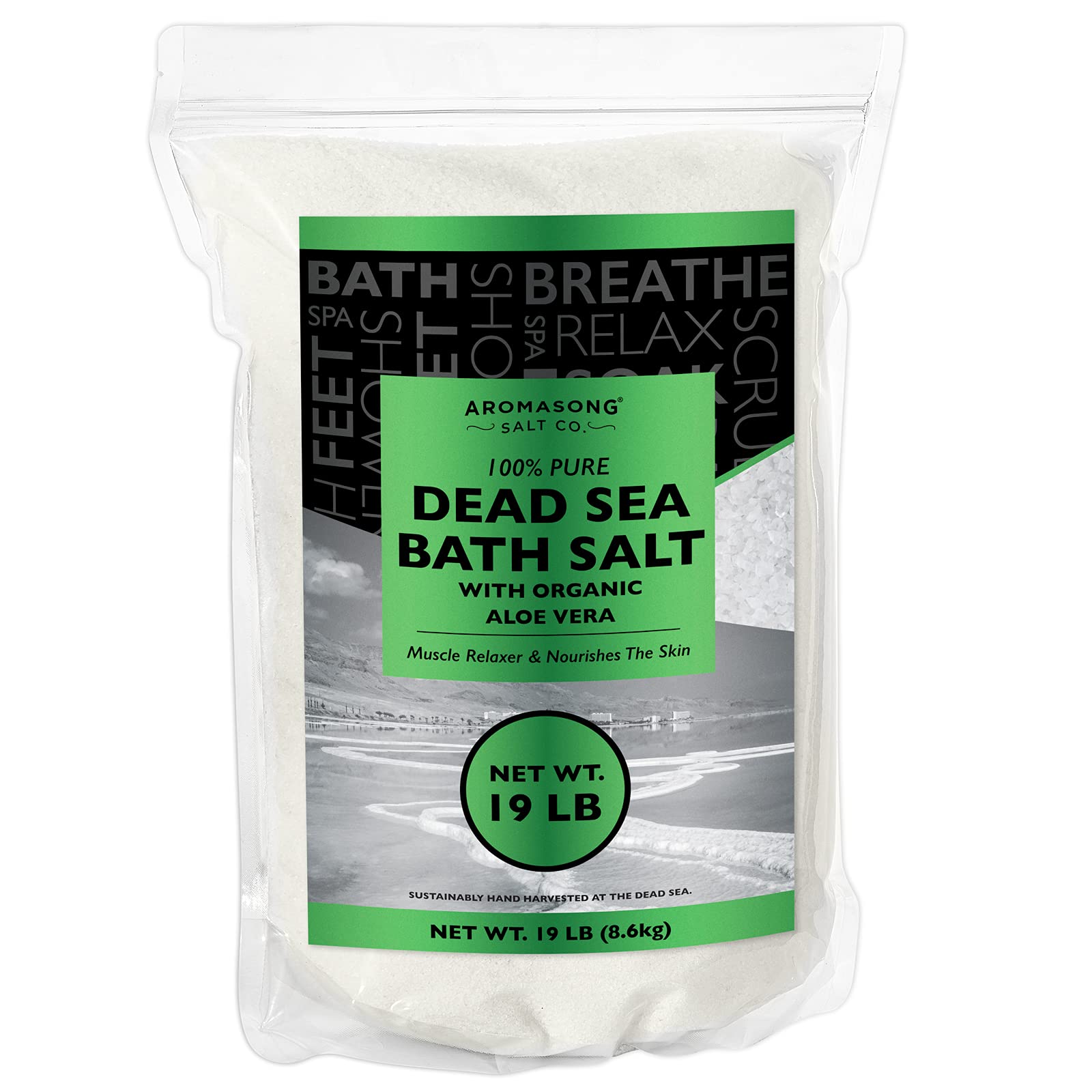 100% Pure & Natural Dead Sea Salt with Organic Aloe Vera - 19 Lbs Fine Grain Bulk Spa Bath Salts for Relaxation | Resealable Pack for Body Wash, Scrub & Muscle Soak | Perfect for Men & Women with Tired Muscles & Skin Issues | Ideal for Home Spa, Stress Relief & Skin Therapy