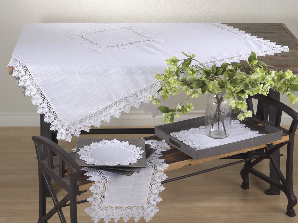 Fennco Styles Venetto Elegant Lace Trimmed White Tablecloth 65 x 140 Inch - Premium Dining Table Cover for Home Decor, Weddings, Banquets & Special Occasions | Perfect for Formal Dinners, Holiday Parties & Event Centerpieces