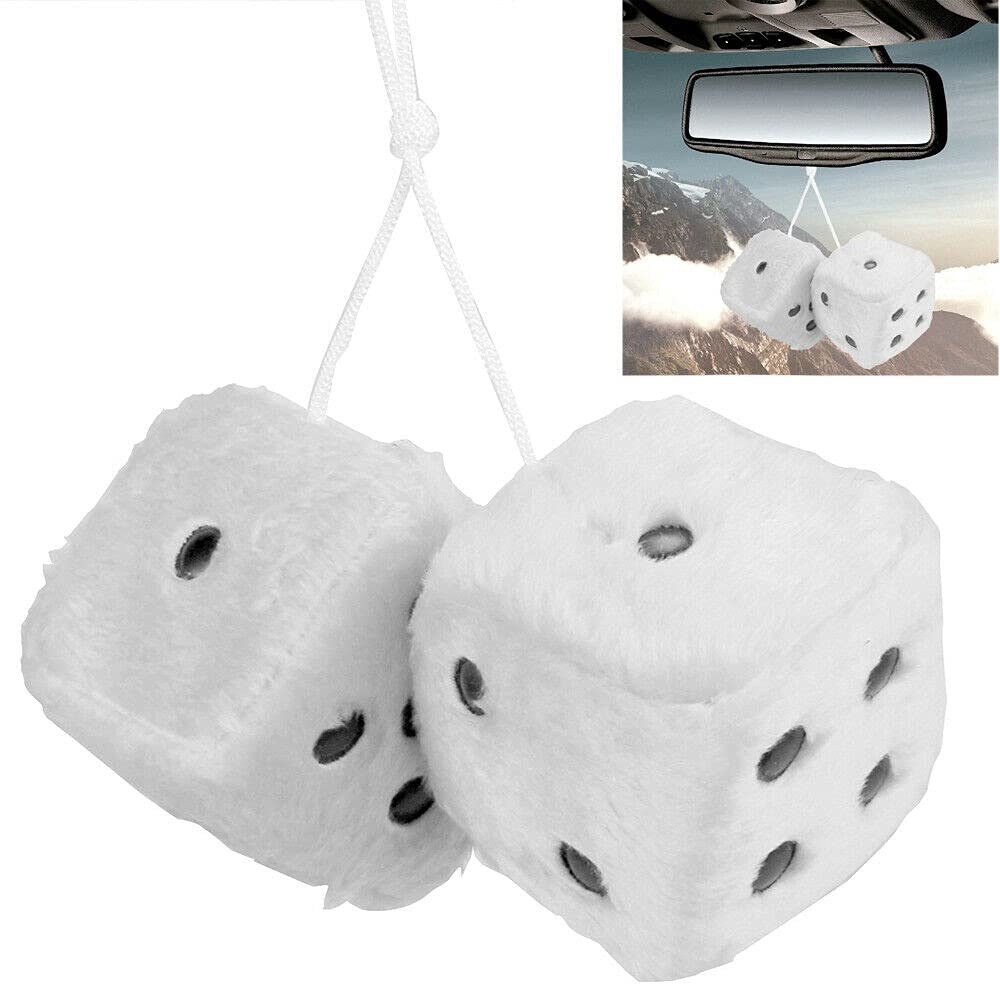 Large Soft Squishy White Fuzzy Dice for Car Mirror Hanging - Good Luck Charm Decoration for Vehicles, Trucks & SUVs | Perfect for Road Trips, Gifts & Customizing Your Ride