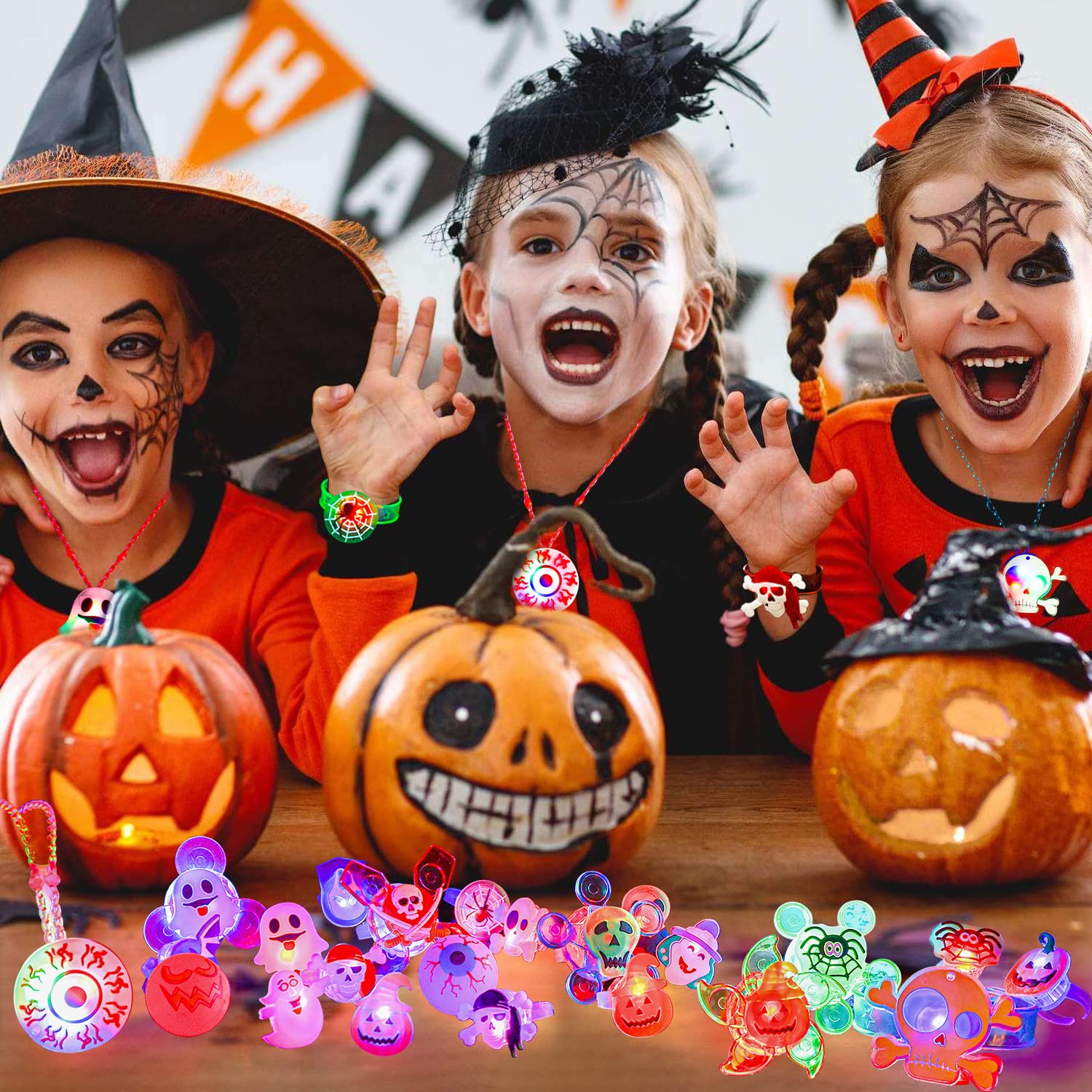 **57 PCS Halloween Party Favors for Kids - LED Flash Rings & Light Up Necklaces, Glow in the Dark Halloween Decorations & Toys, Perfect for Trick-or-Treating, Classroom Treats & Spooky Party Supplies**