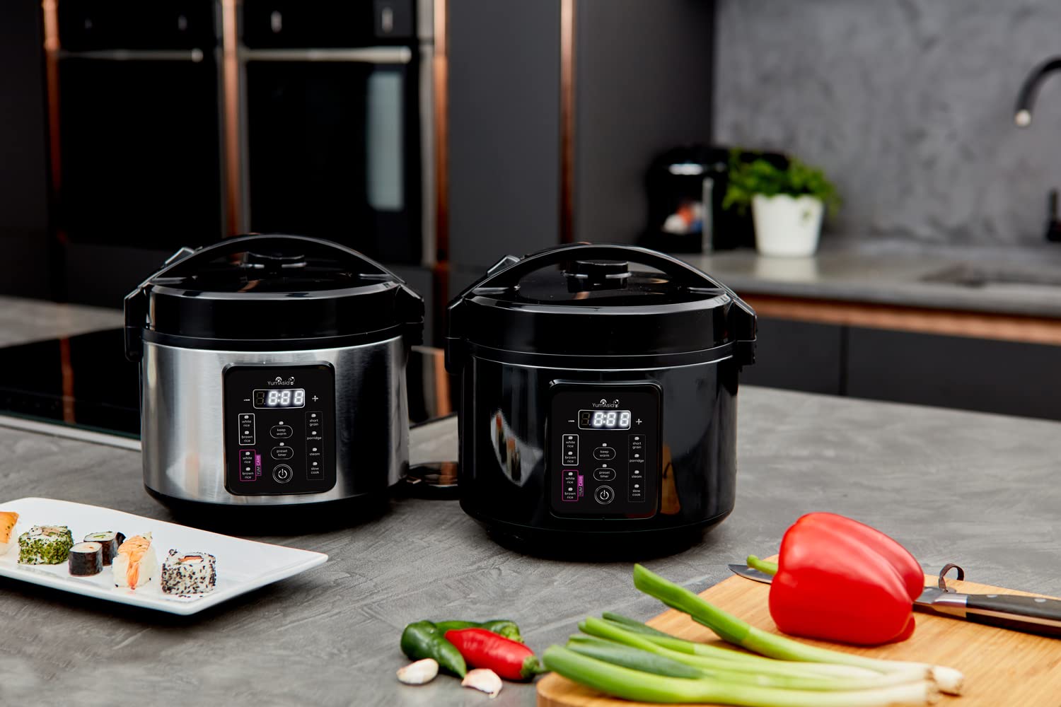 Yum Asia Kumo YumCarb 5.5 Cup (1 Liter) Rice Cooker with Ceramic Bowl - Fuzzy Logic Technology, 5 Rice Cooking & 3 Multicooker Functions, 110V US Plug (Dark Stainless Steel) - Perfect for Home Kitchens, Dorm Rooms & Small Families